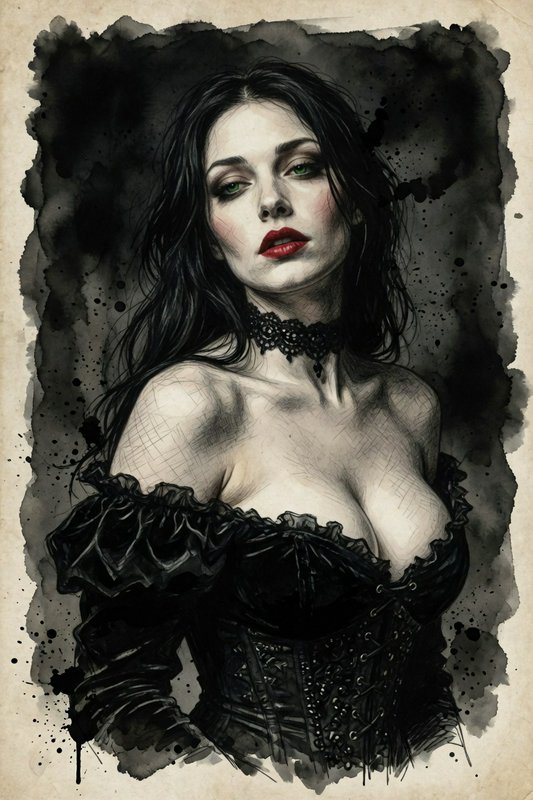 Ink and watercolor gothic portrait of a pale dark-haired woman with green eyes, red lips, black l...