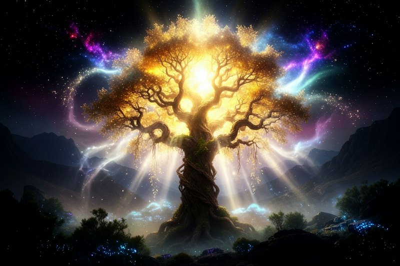 Glowing golden mythical world tree radiates warm light beneath a swirling cosmic nebula night sky...