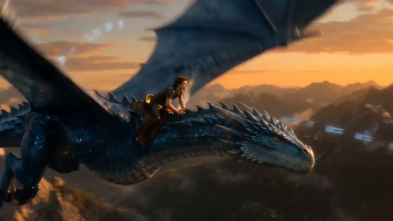 A young man rides a large iridescent blue dragon flying over rugged mountain terrain during a war...