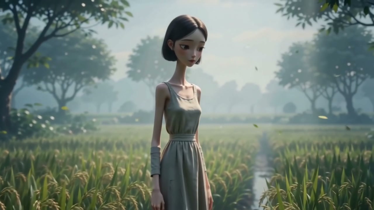 3D animated slender young woman with short dark hair in a sage dress stands in a misty sunlit ric...
