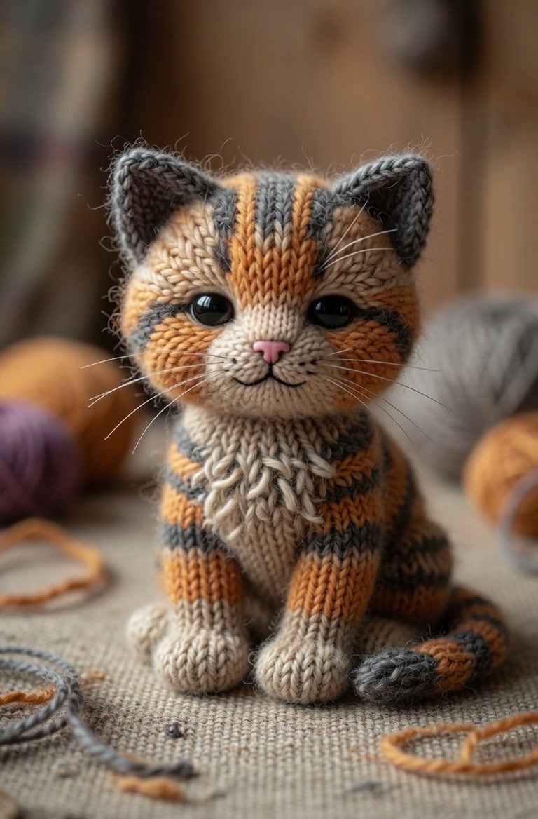 Handmade knitted tabby cat amigurumi sits on a craft surface surrounded by soft wool yarn balls