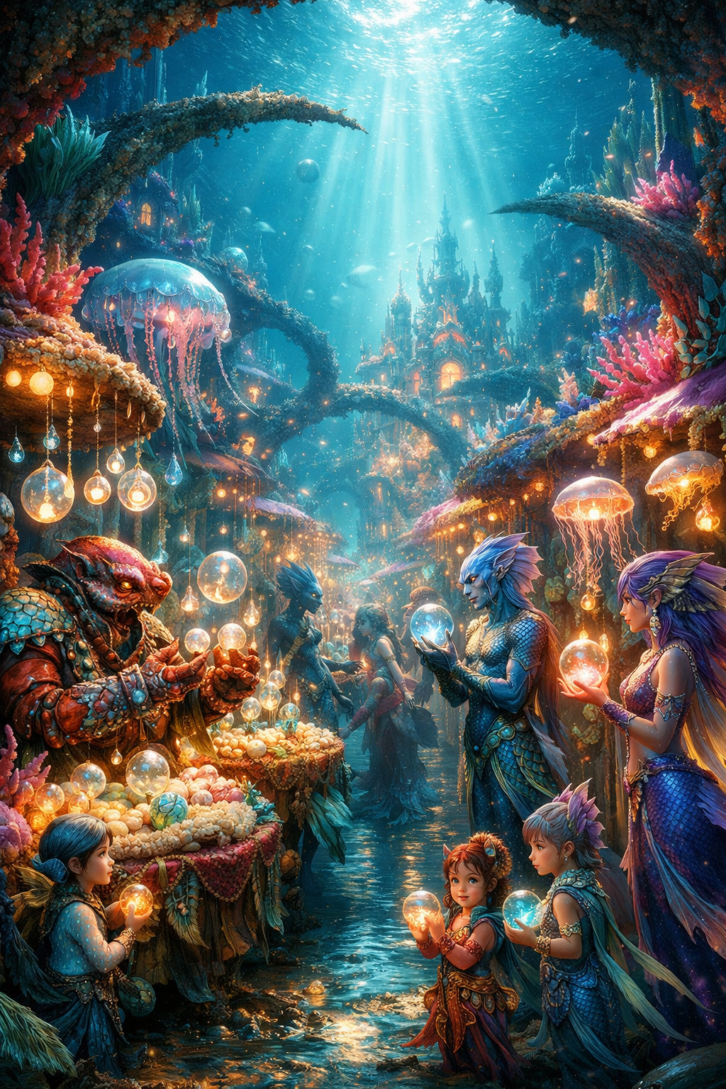 A vivid underwater fantasy scene of a bustling mar | chris70 on BudgetPixel