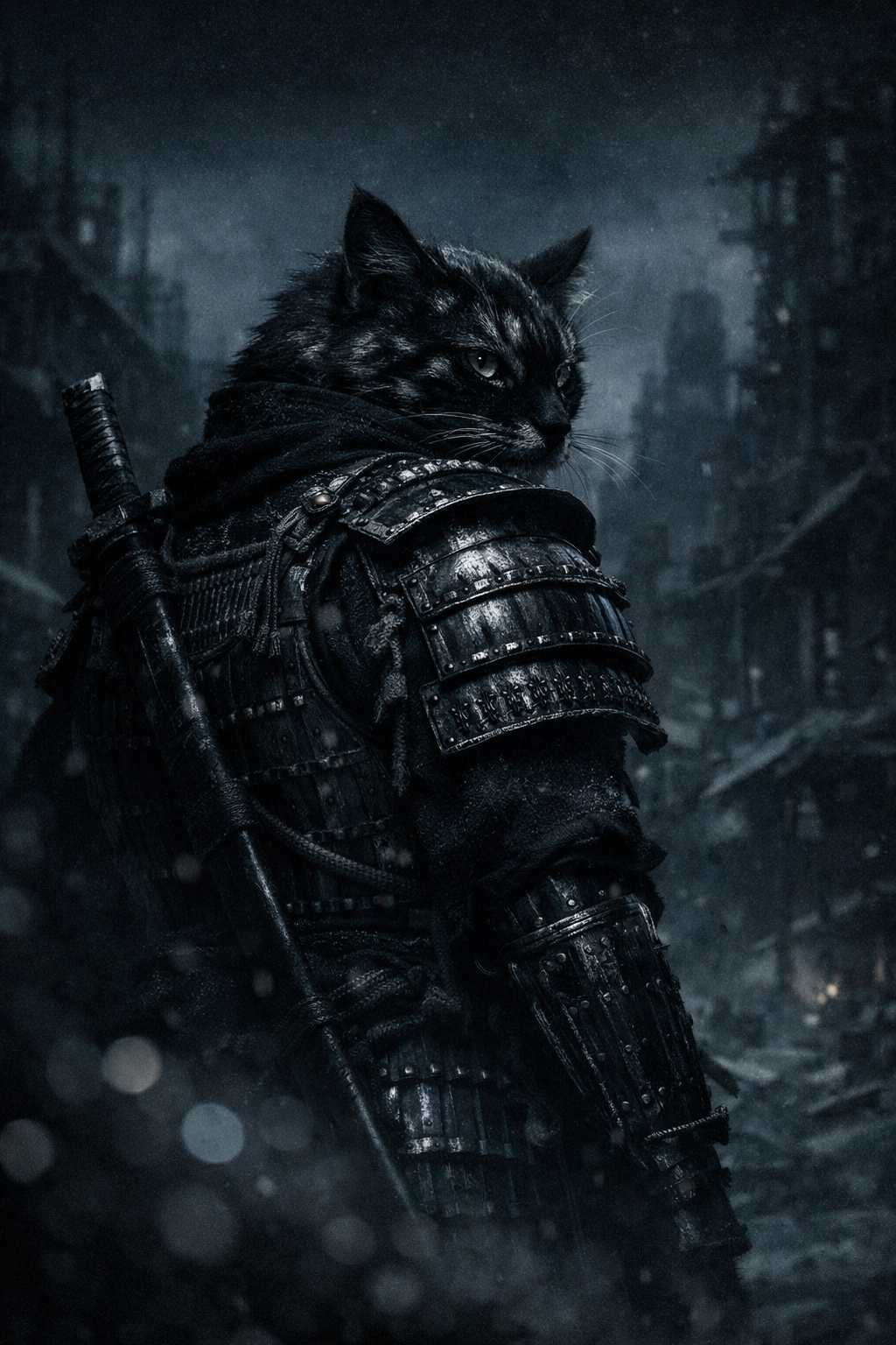 Dark armored cat warrior with a sword, standing amid snowy ruins.