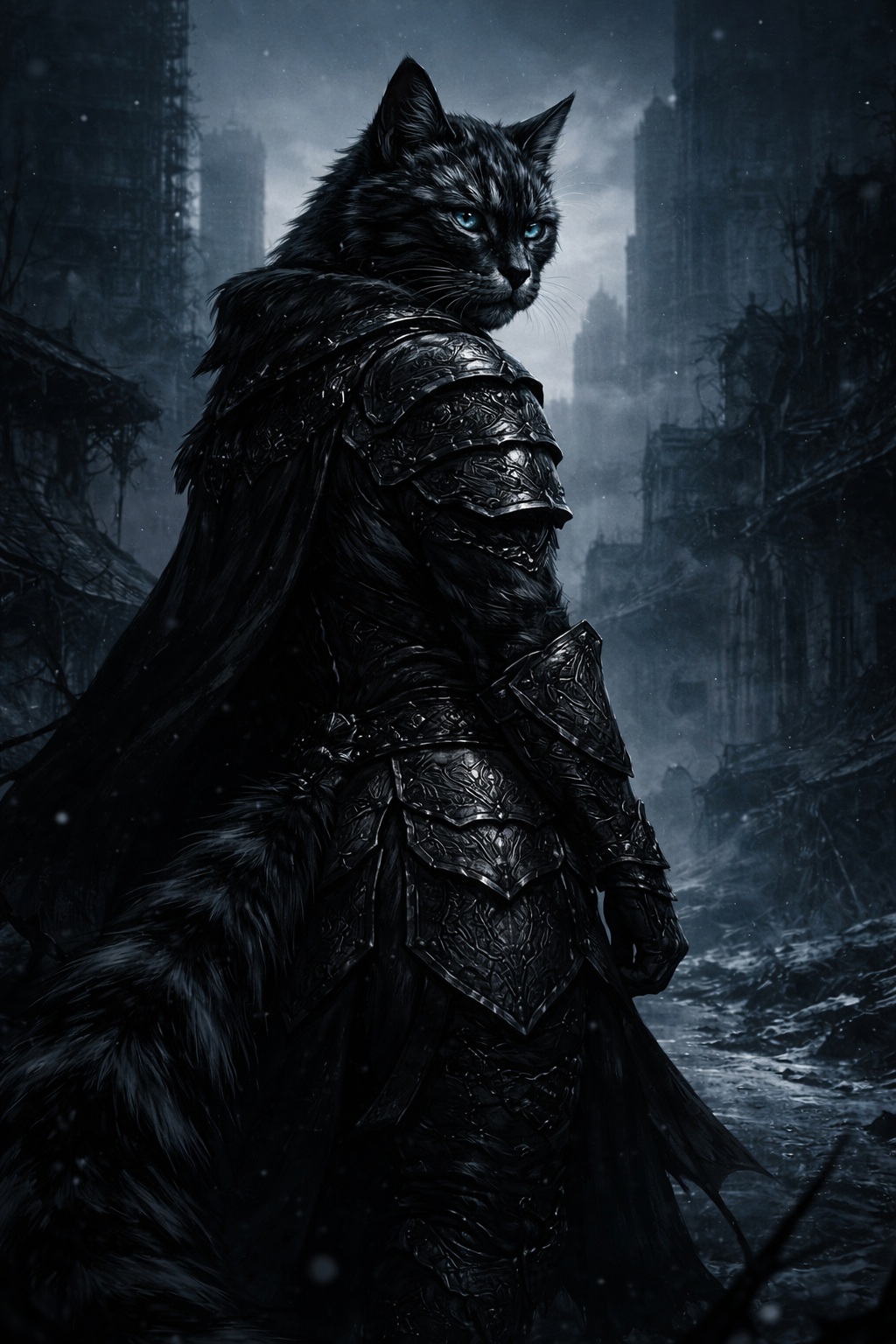 Dark armored feline warrior in a snowy, ruined cityscape with a flowing cloak