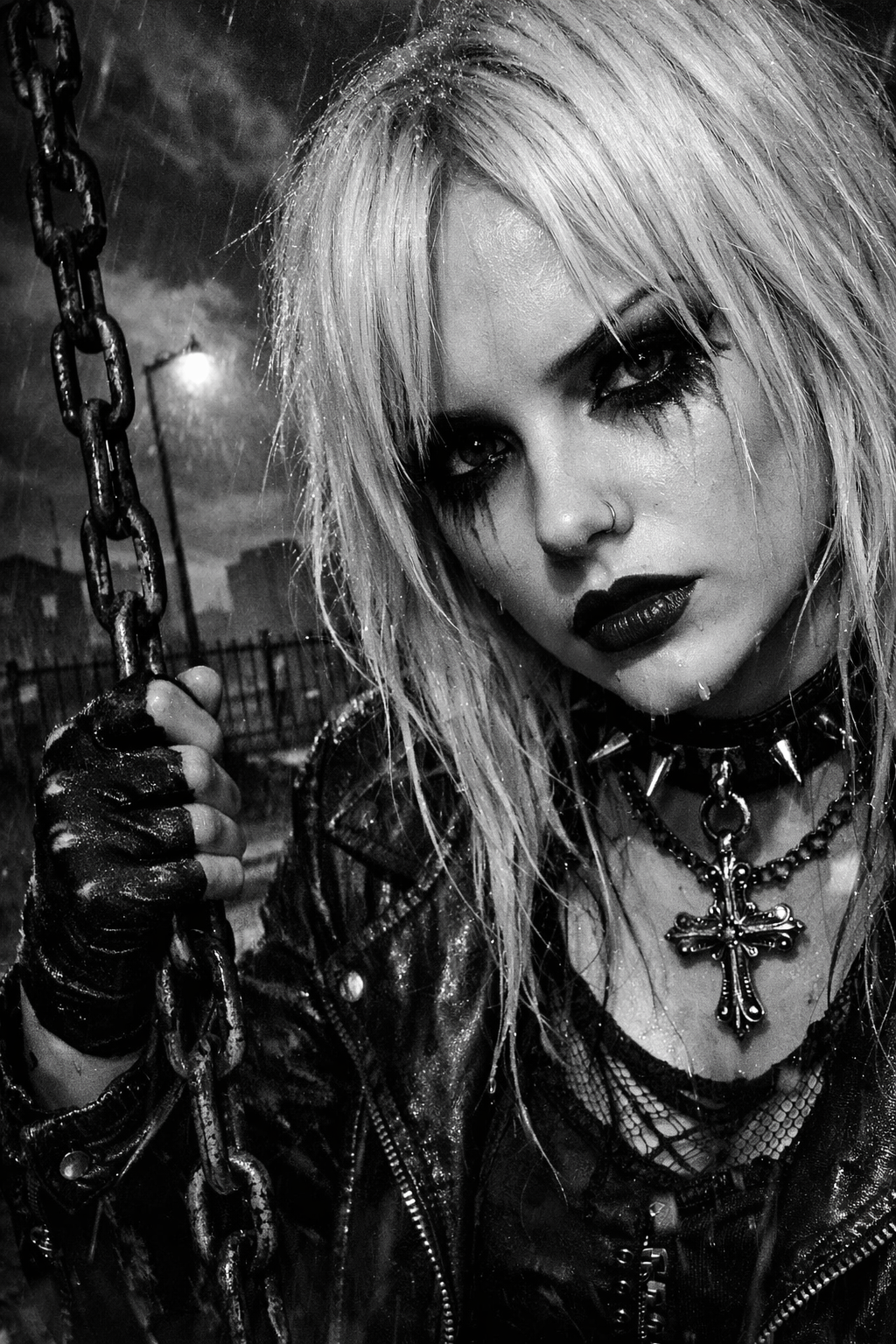 Gothic woman with heavy makeup and chains in a black-and-white portrait.