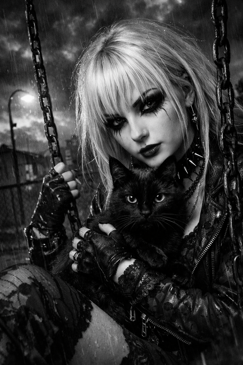 Gothic woman with platinum hair on a swing, holding a black cat in the rain.