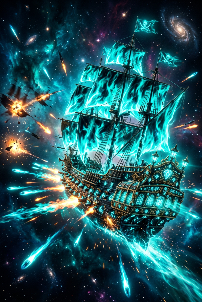 Dramatic fantasy art of a menacing pirate ship wit | chris70 on BudgetPixel