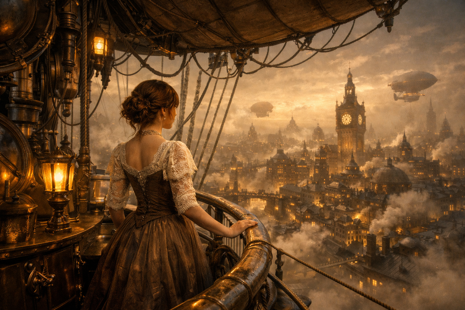 Victorian-era woman in a corseted gown on a brass steampunk airship overlooking a glowing city.