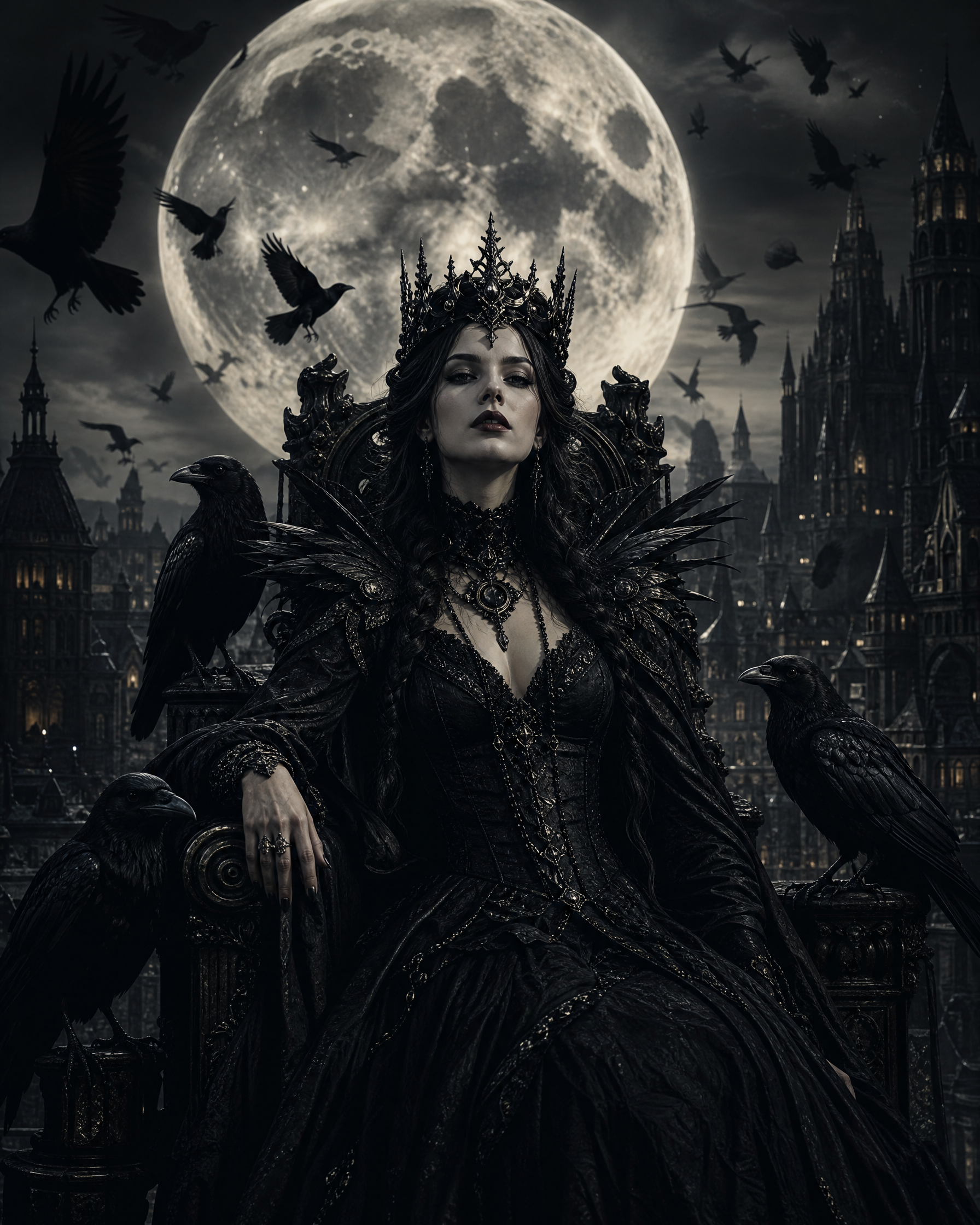Gothic queen in a black gown and crown sits on a throne with ravens, moonlit city backdrop.