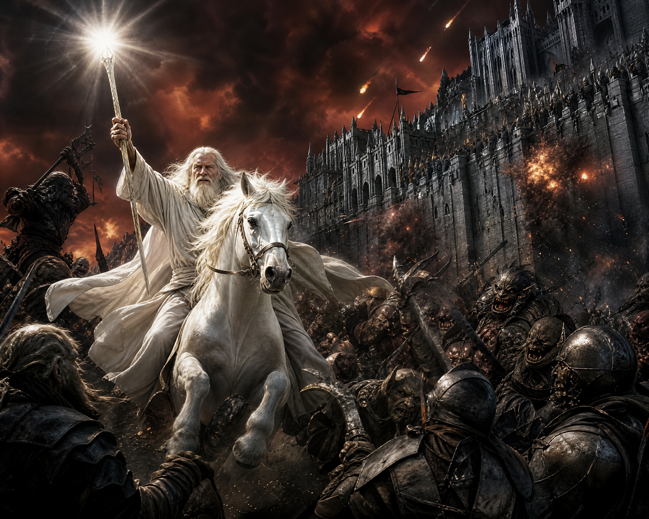 White-winged wizard on a white horse leading a fierce siege against orcs at a dark castle.