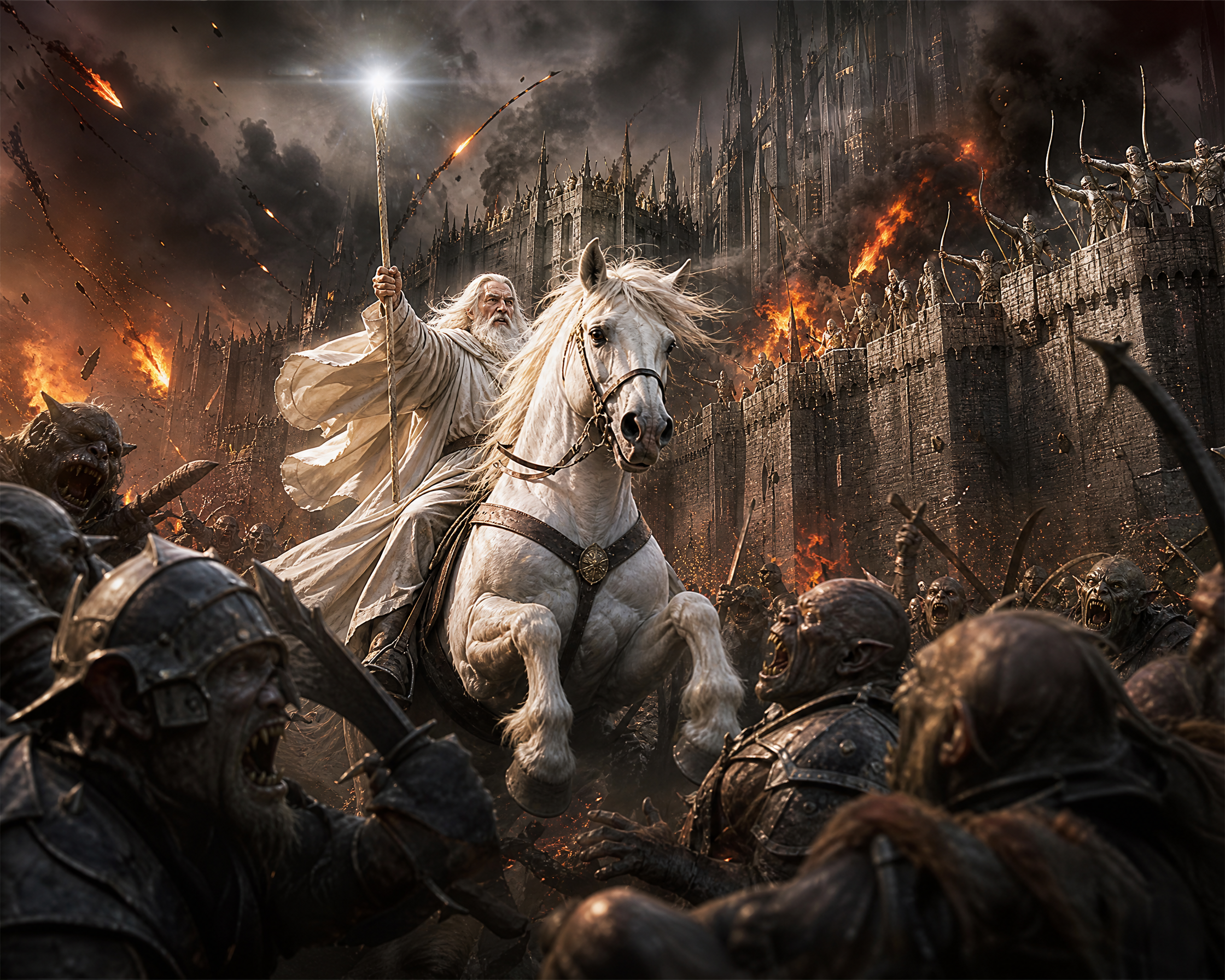 Wizard on a white horse leading a fiery siege against a dark, towering castle.