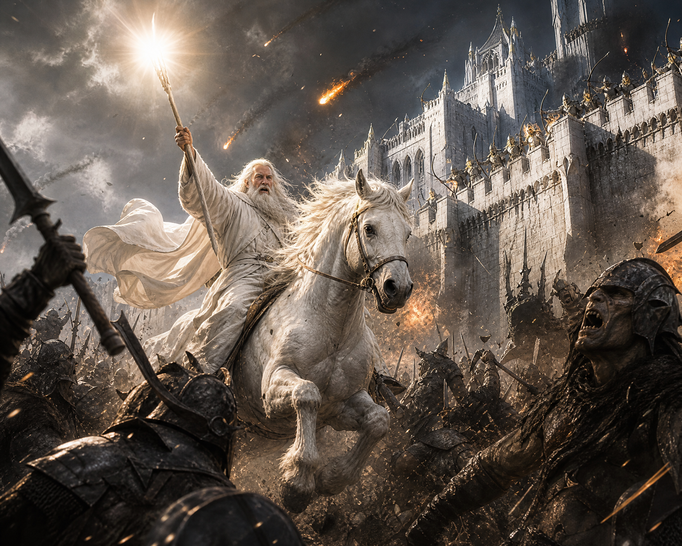 White-robed wizard on a rearing white horse leading a siege before a towering castle.
