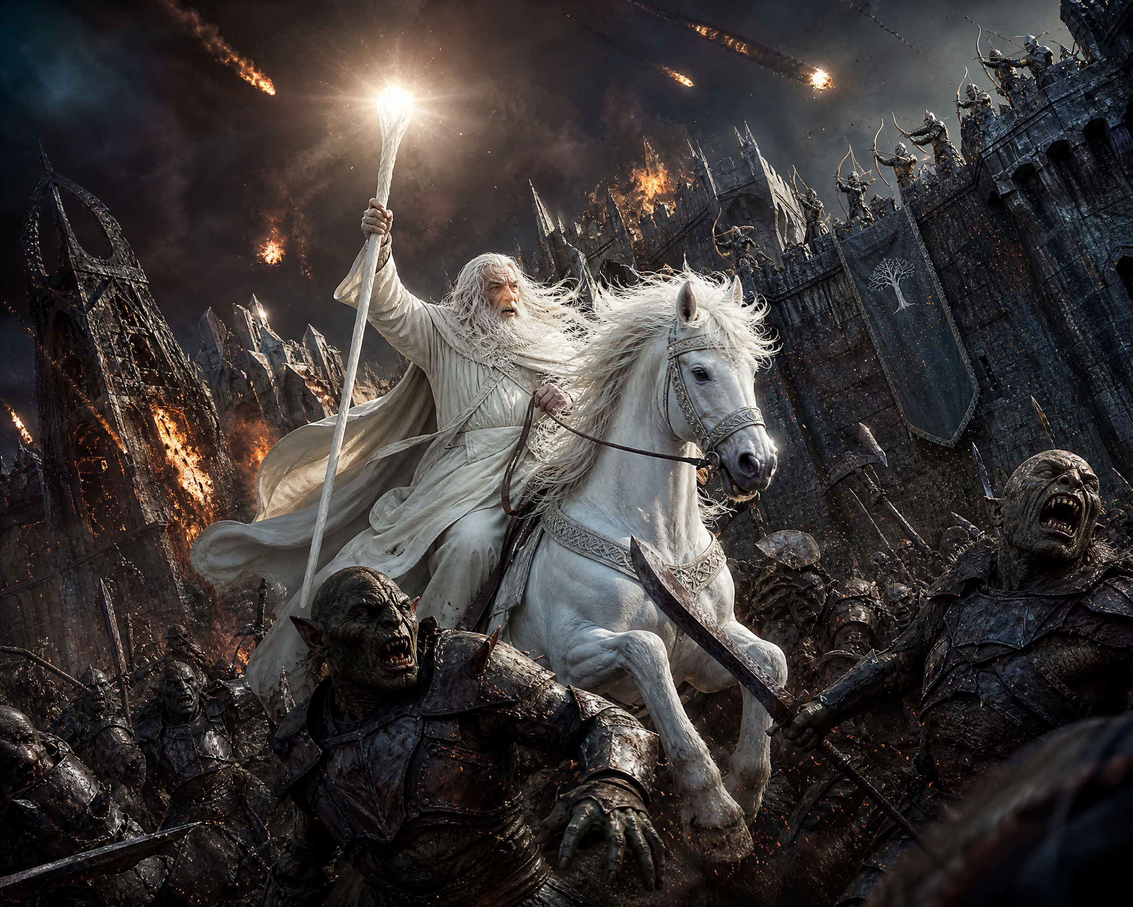 White-cloaked wizard on a white horse leading a siege against orcs at a burning medieval fortress.