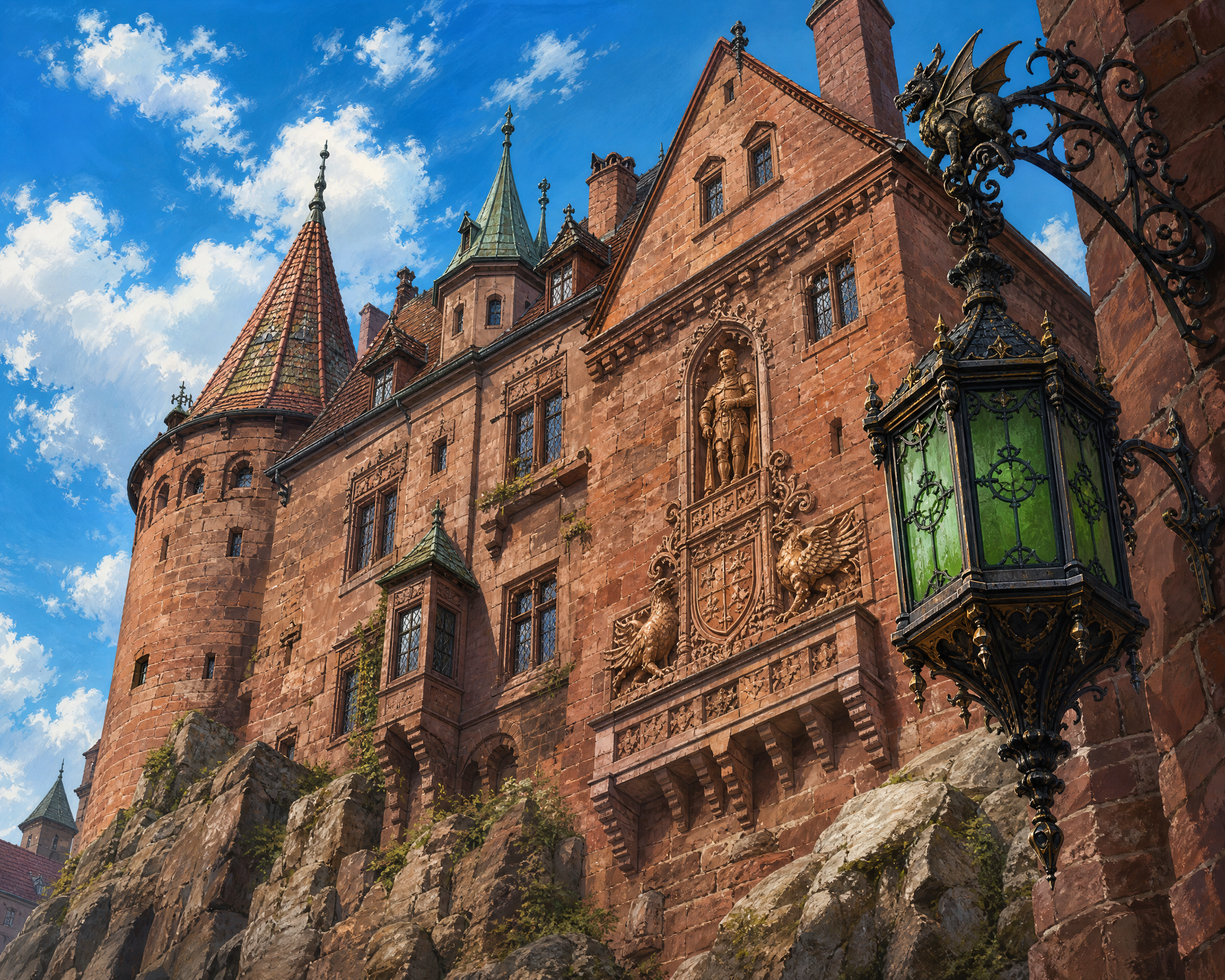 Red sandstone castle on a rocky cliff with towers, coat-of-arms relief, and ornate wrought-iron lantern.