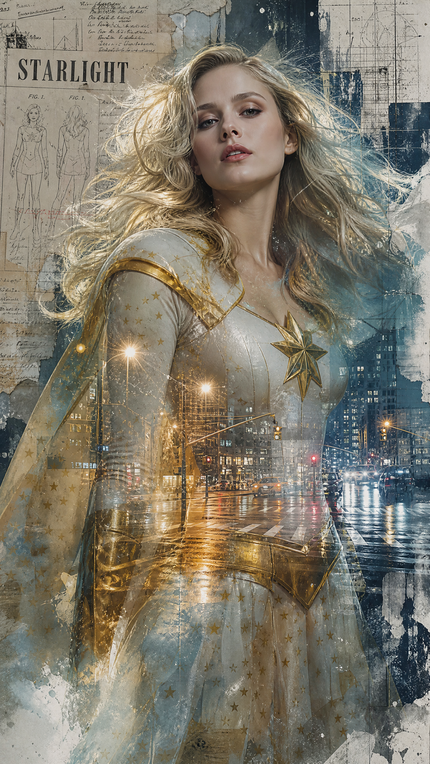 Portrait of a blonde woman in a white and gold superhero suit with a star emblem, against a neon city night.