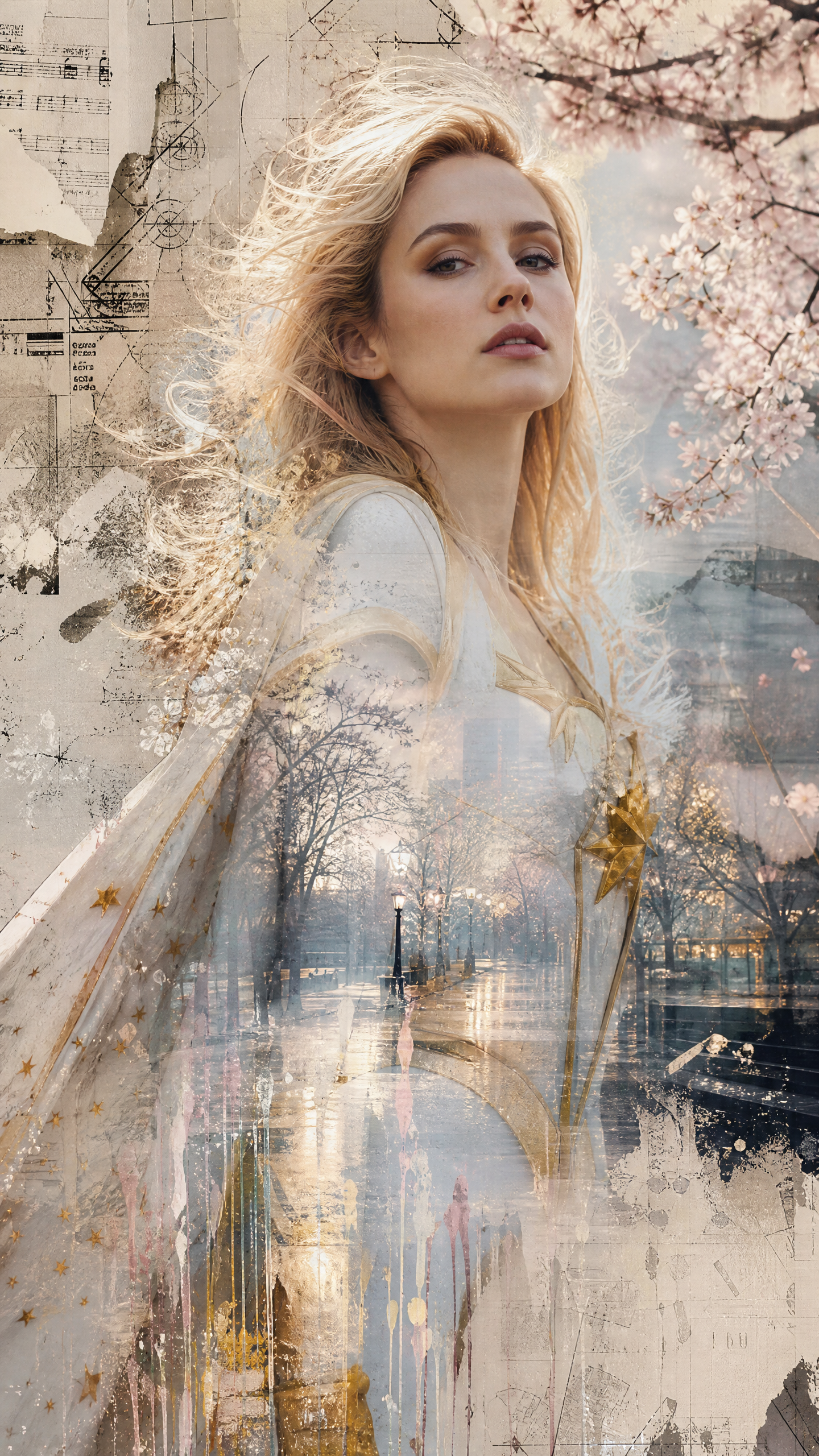 Blonde woman portrait with double exposure of urban street and cherry blossoms.