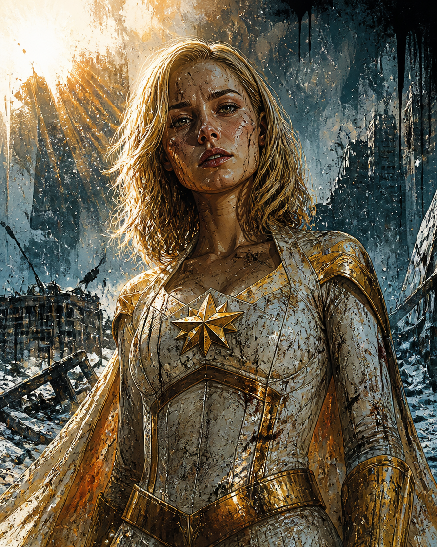 Heroine in weathered golden armor stands in a ruined city, mud-splattered with dramatic sun rays.