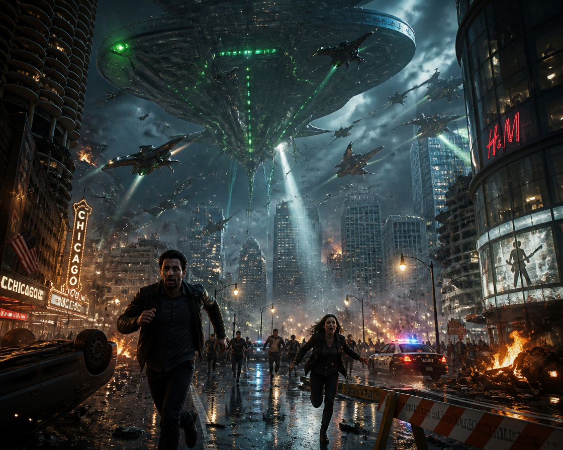 Chaos in a flooded urban street as a massive alien UFO hovers above, with civilians fleeing.