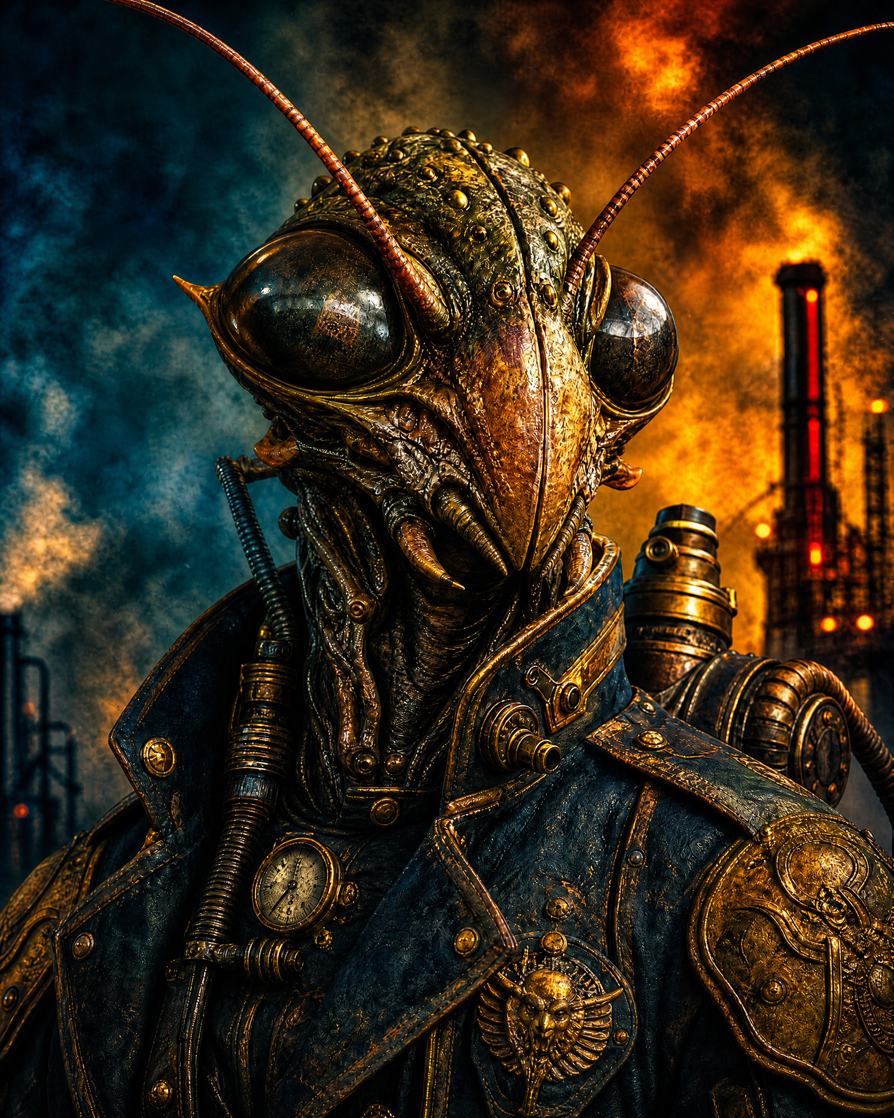 Close-up of a steampunk insect-like armored character with large eyes and antennae, set against a fiery industrial backdrop.