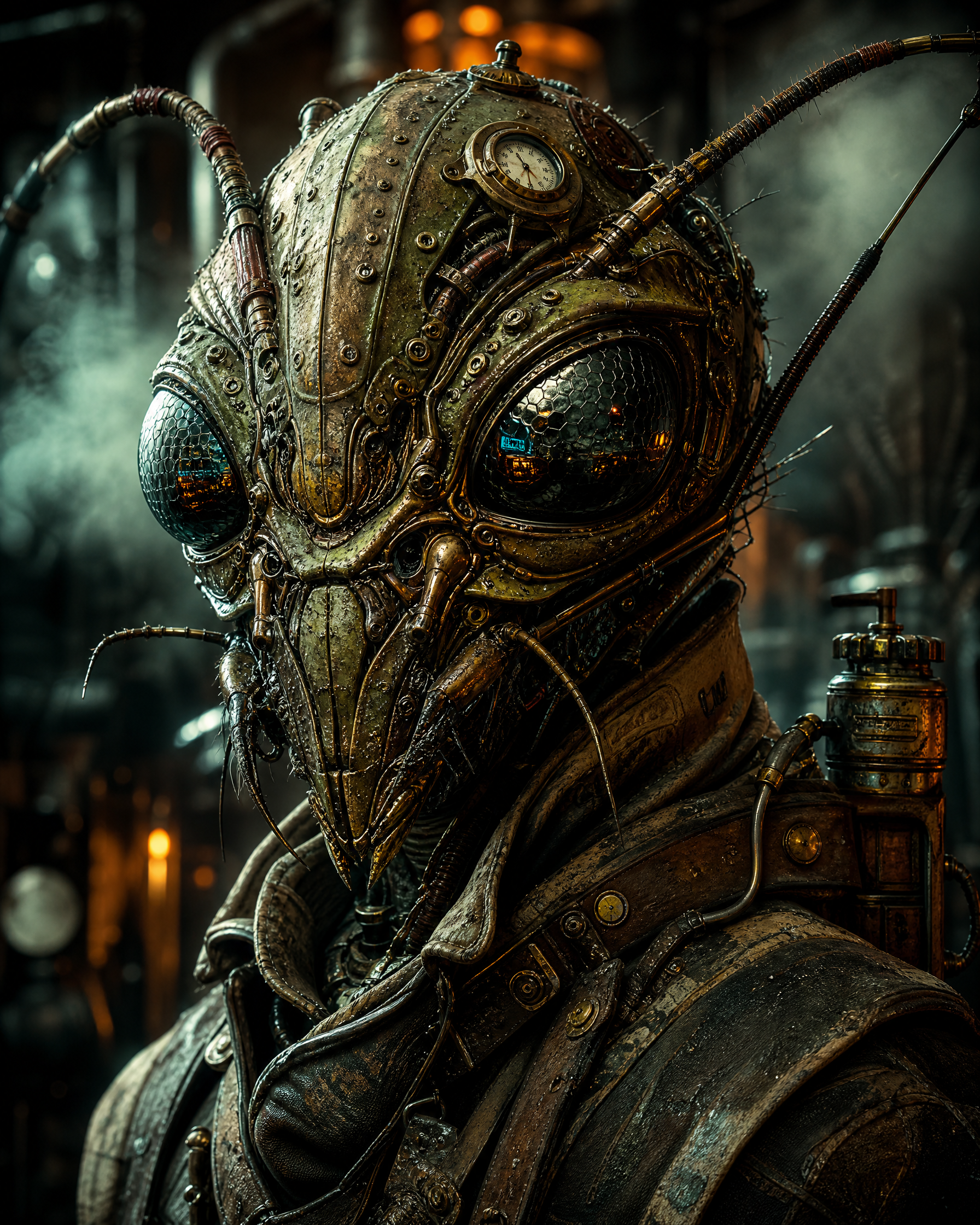 Steampunk bio-mechanical insect-like figure with riveted brass plating and glass eyes.
