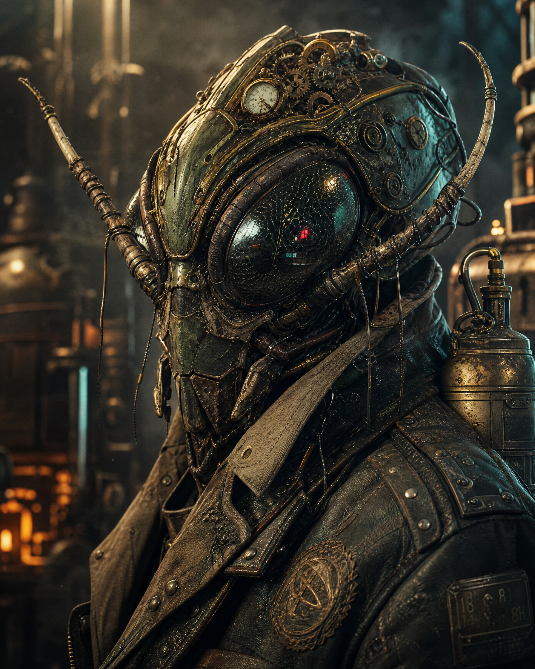 Steampunk cyborg wearing a leather jacket with gears and a glass-eyed helmet in a dim industrial setting