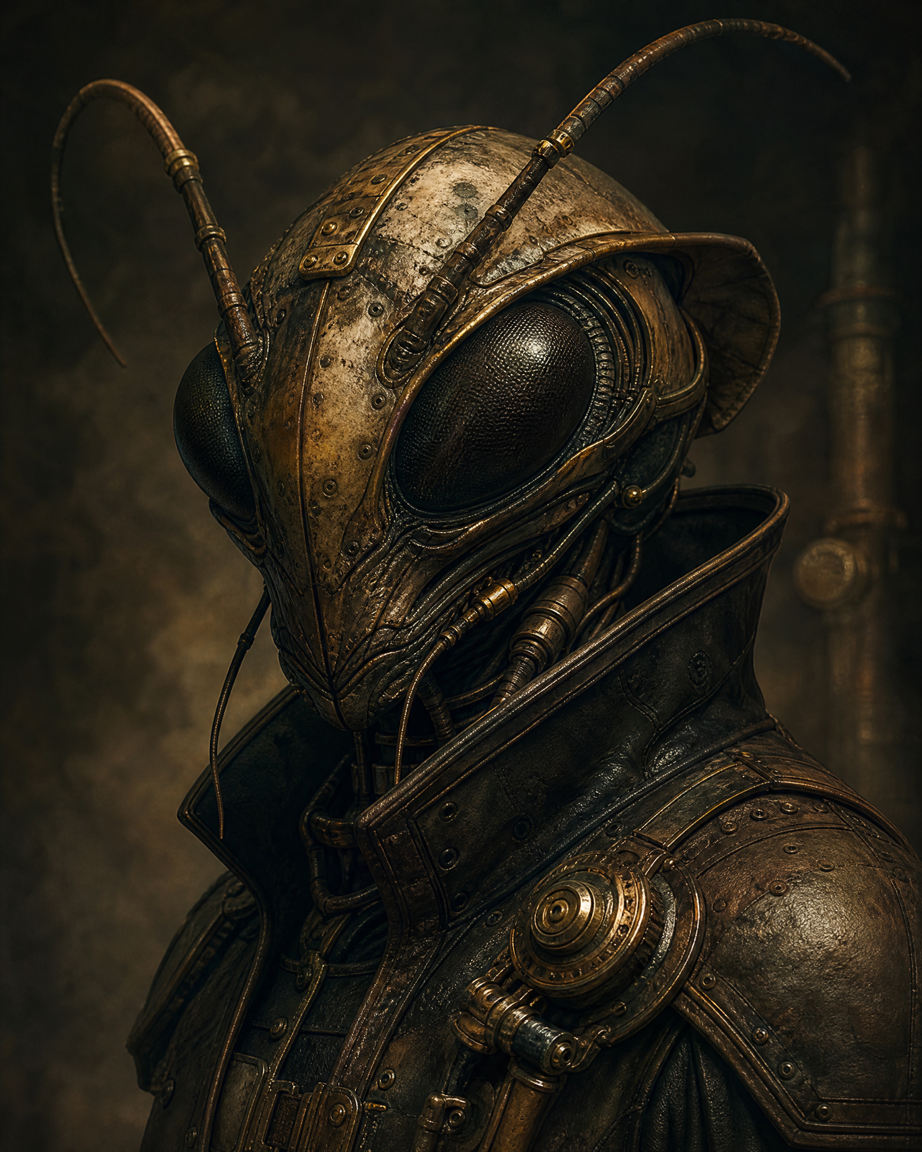 Steampunk insectoid armored figure with brass plating and large black eyes.