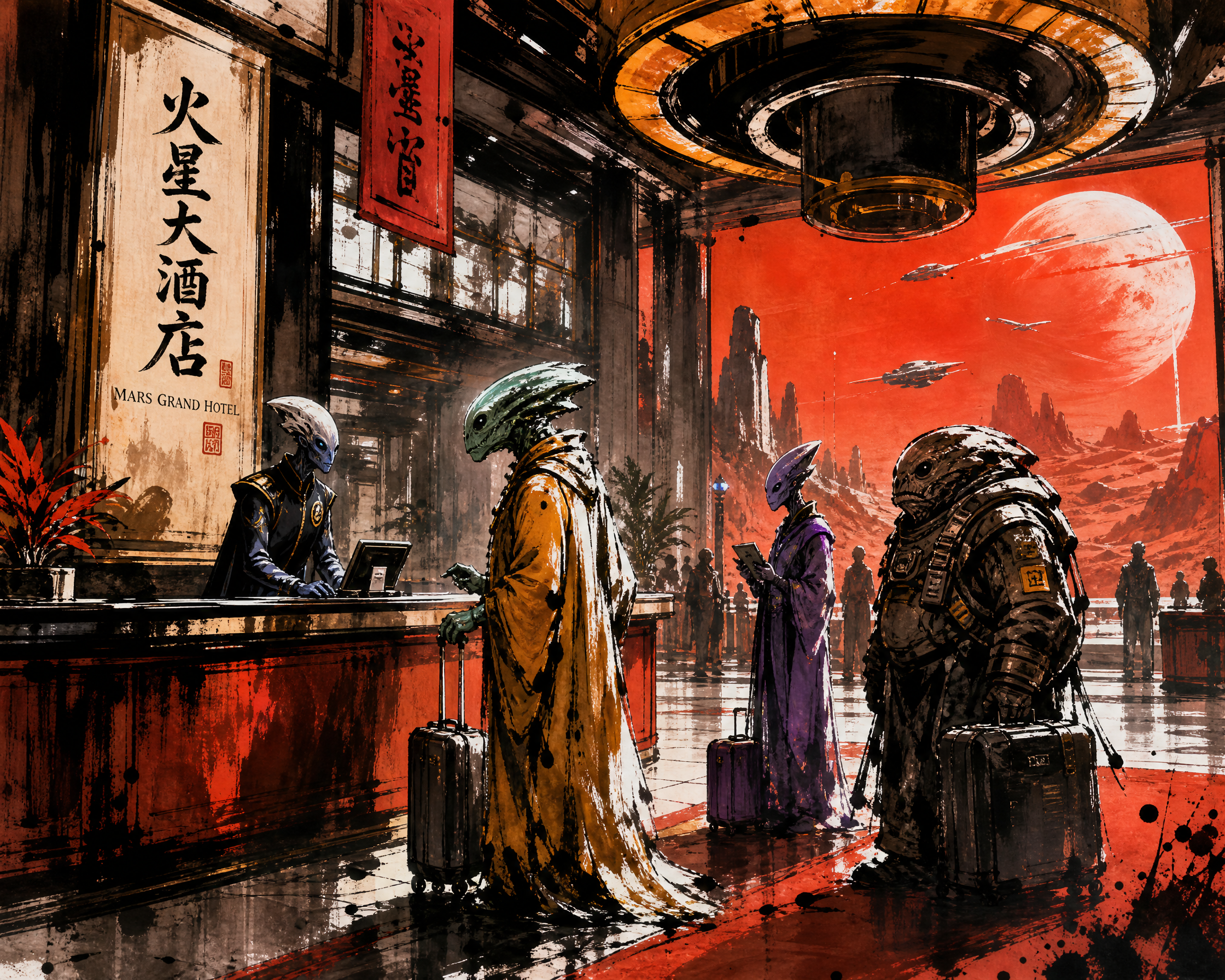 Alien travelers at a futuristic hotel reception with a red planet skyline