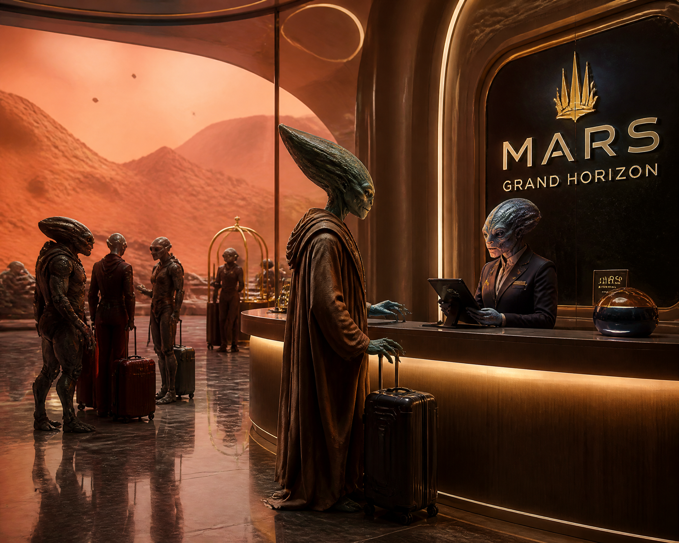 Alien travelers check in at a Mars Grand Horizon lobby, a futuristic hotel reception.