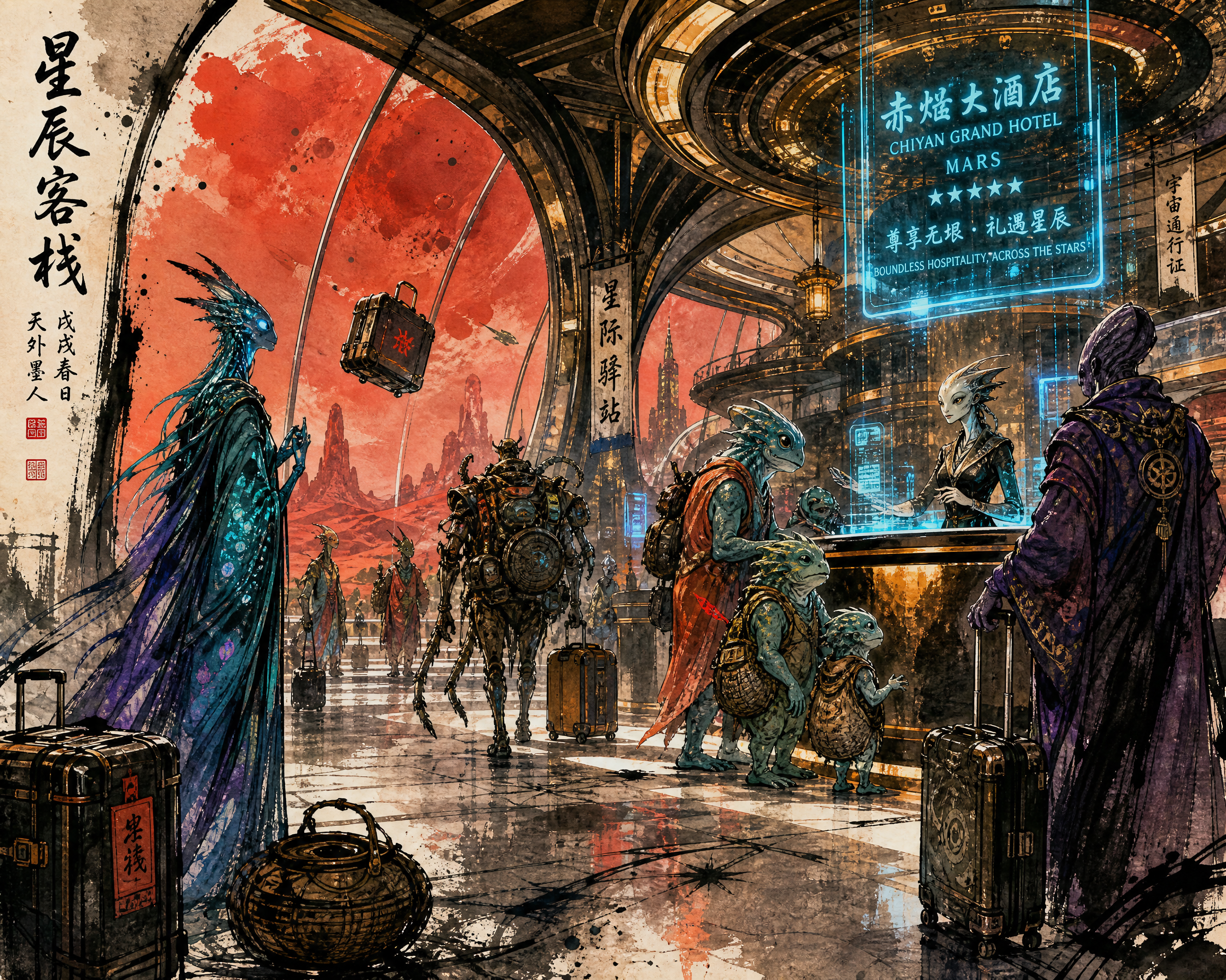 Sci-fi alien travelers in a futuristic hotel lobby with glowing blue signage and arched architecture