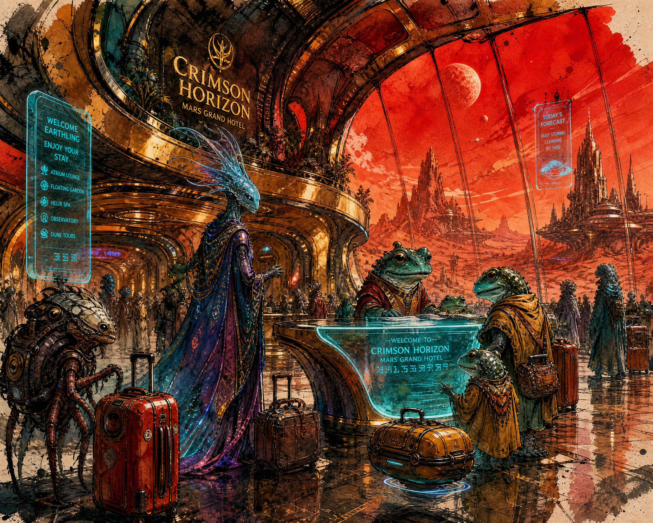 Futuristic alien hotel lobby on Mars with diverse extraterrestrials at a glowing blue reception desk under a red Martian sky.