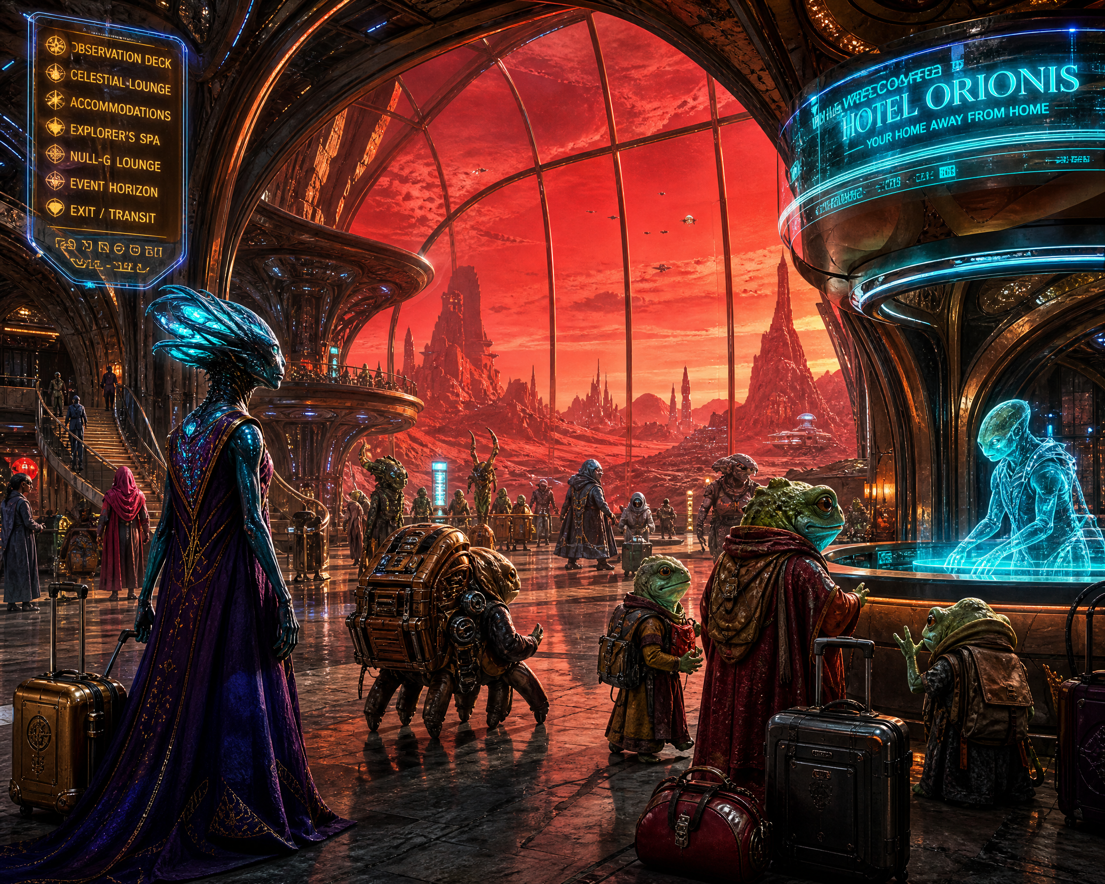 Futuristic hotel lobby on an alien world with diverse aliens and a glowing blue holographic information counter.