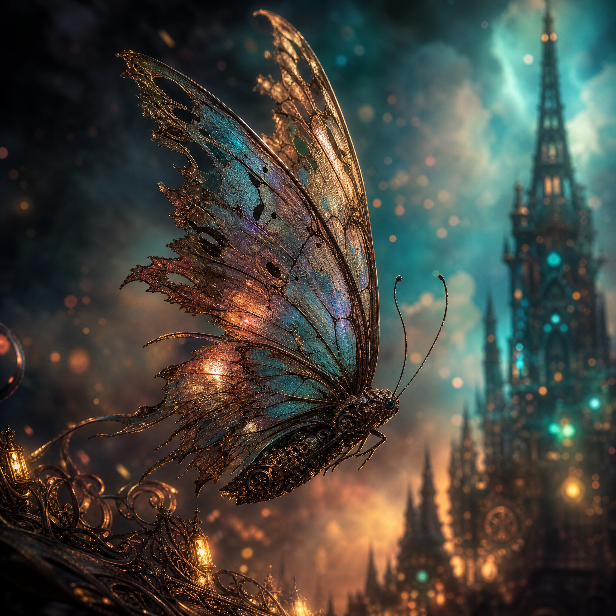 Iridescent, tattered butterfly perched on ornate steampunk gears above a gothic city at night.