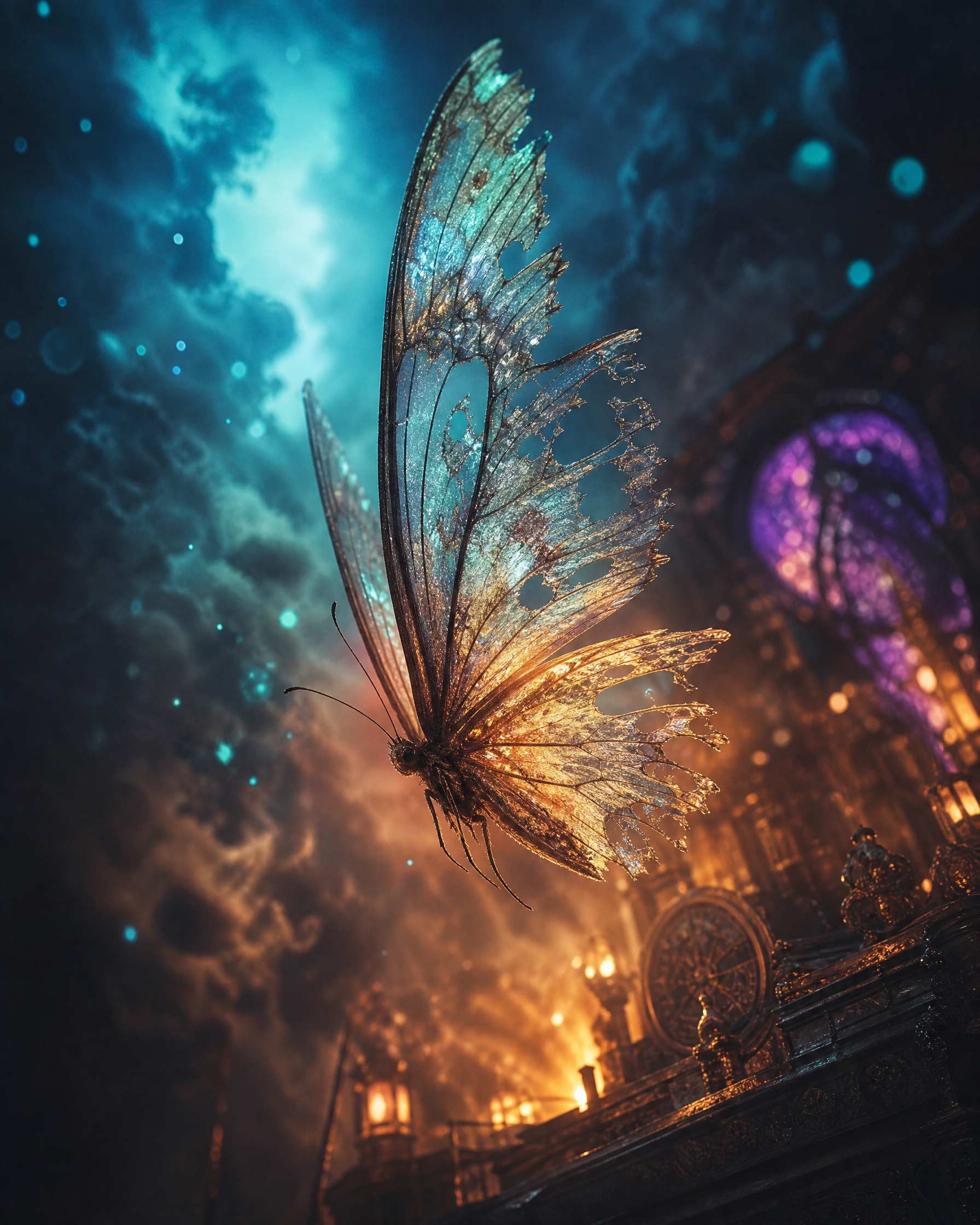 Fragmented glass butterfly hovering above a glowing cathedral at night.