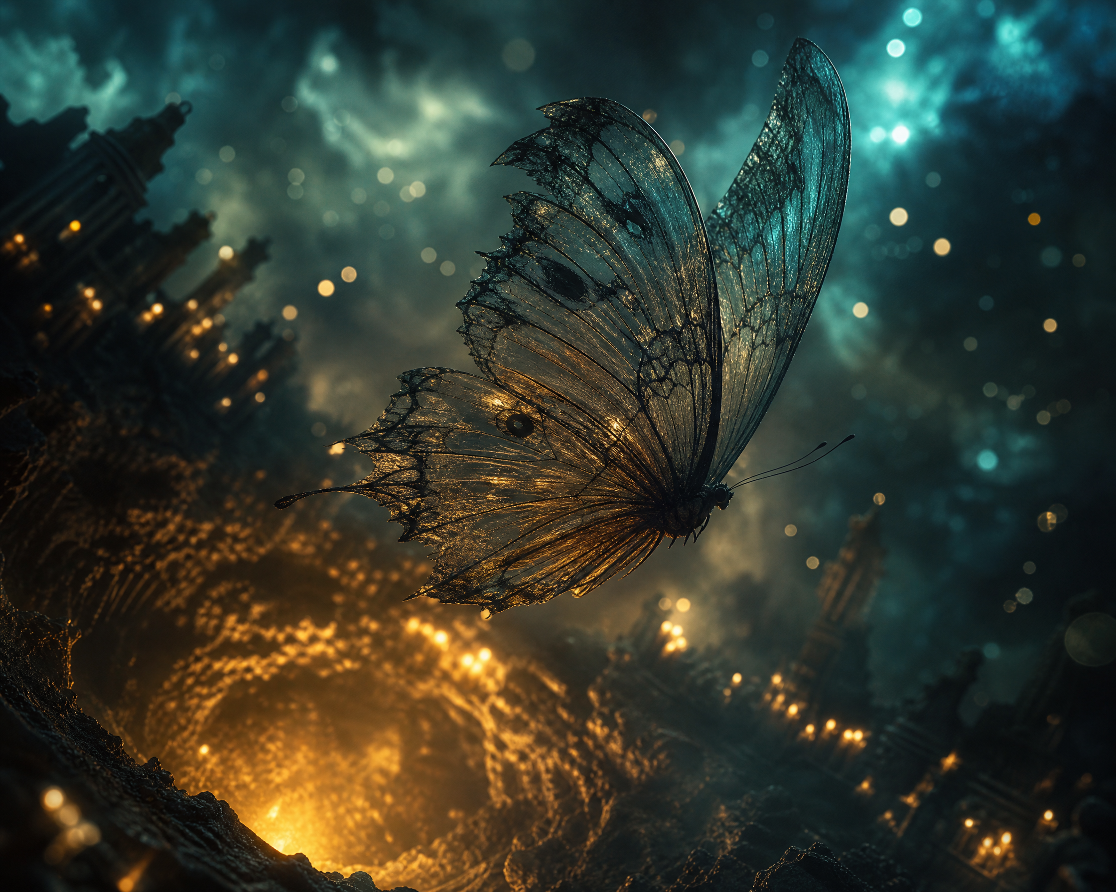 Delicate translucent butterfly with dark veined wings hovering over a glowing, futuristic city at night.