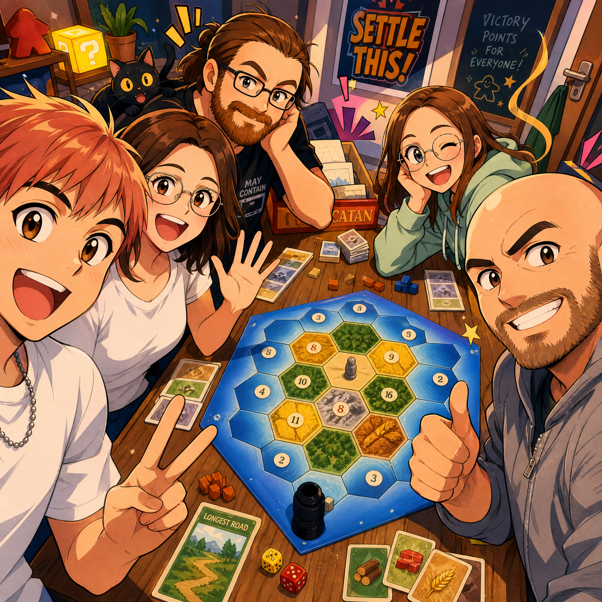 A cheerful group of friends around a Catan board game during a lively board game night.