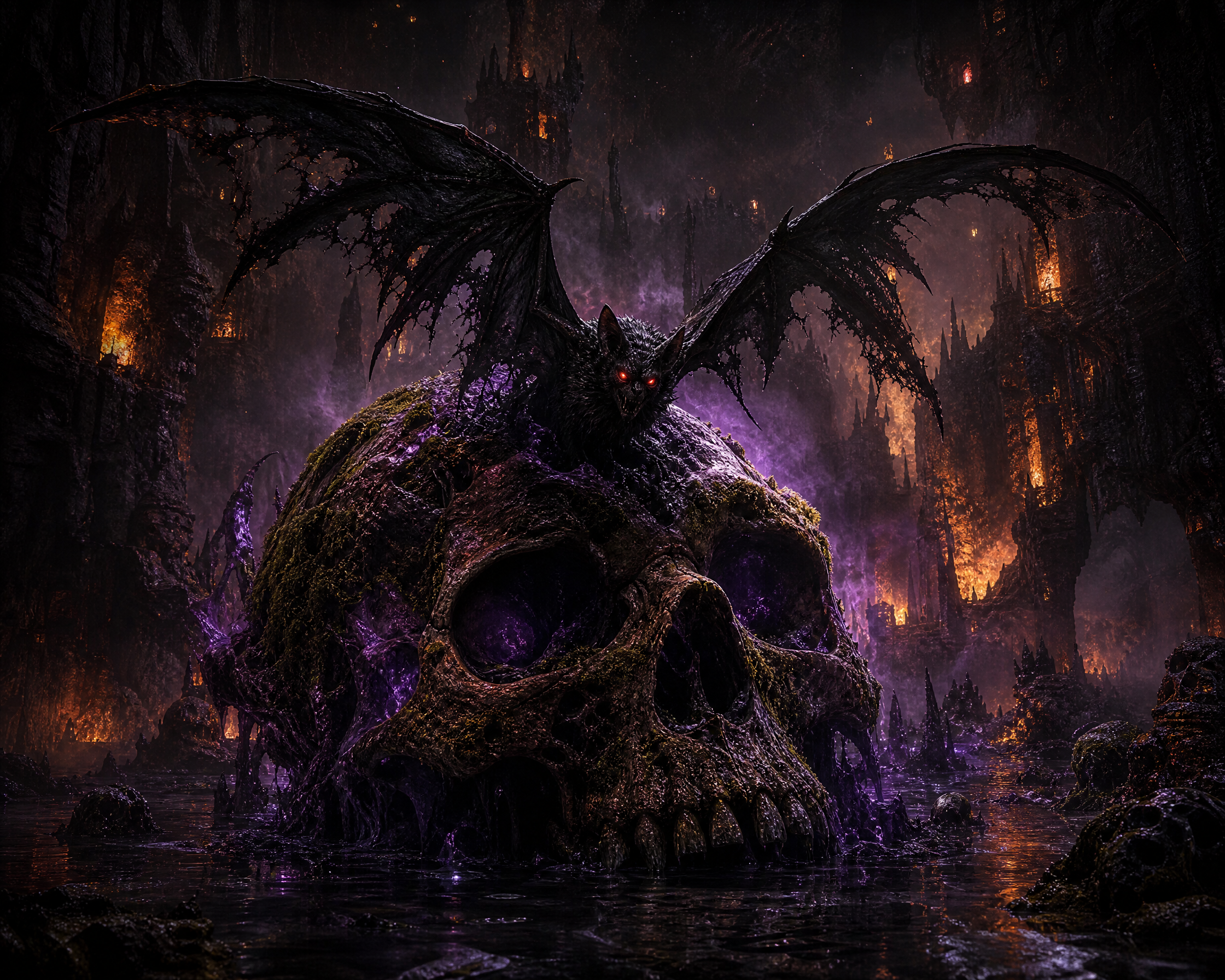 Dark demonic skull with bat wings in a fiery lava cavern, glowing red eyes.