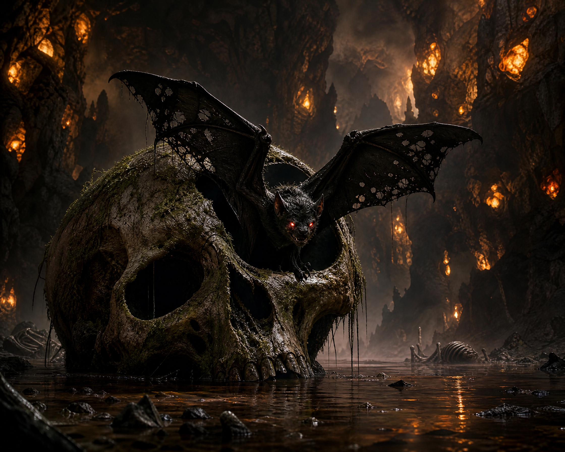 A terrifying bat-demon perched on a mossy skull inside a fiery cavern with glowing lava.