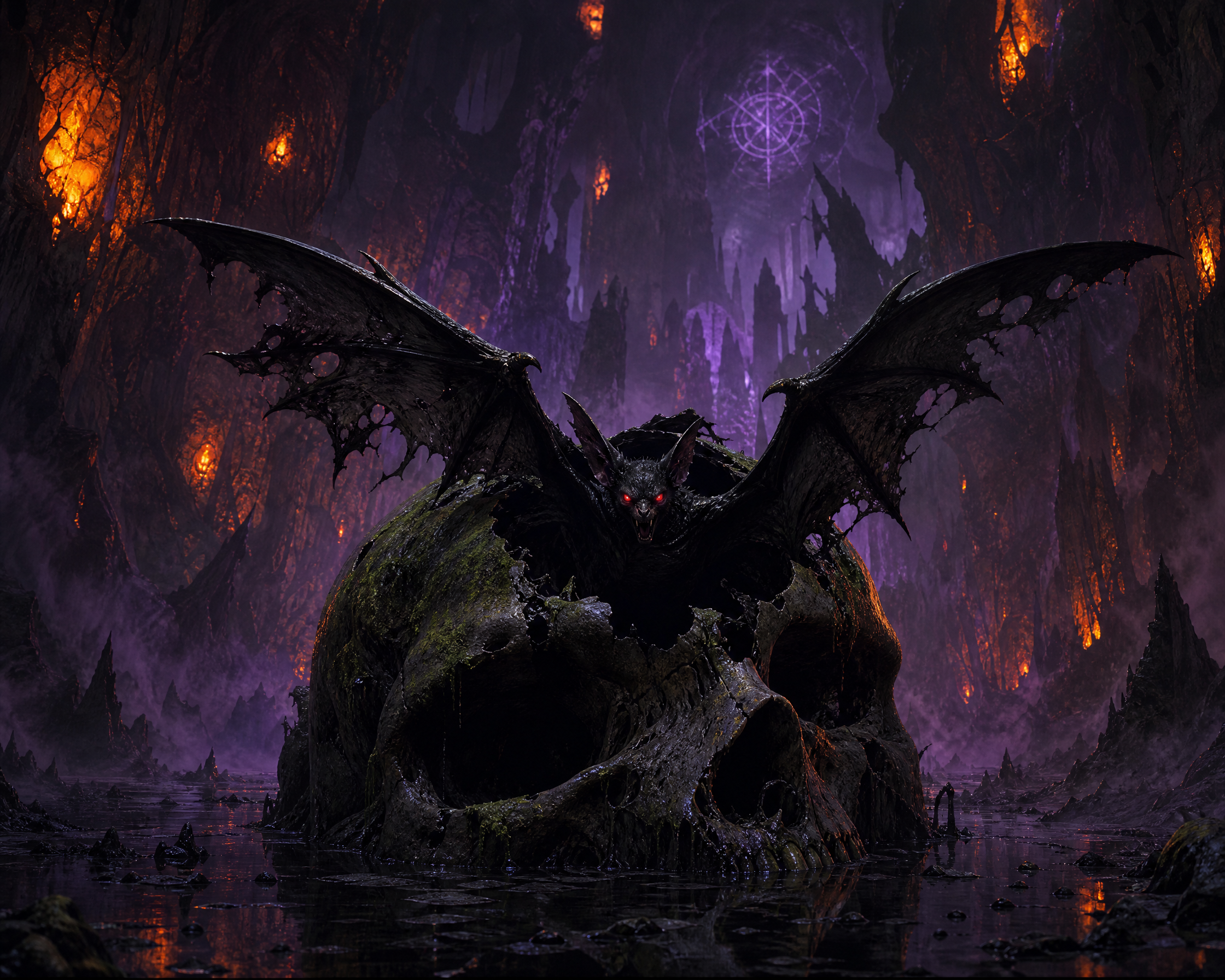 Dark-winged demon perched on a skull in a lava-lit cavern.