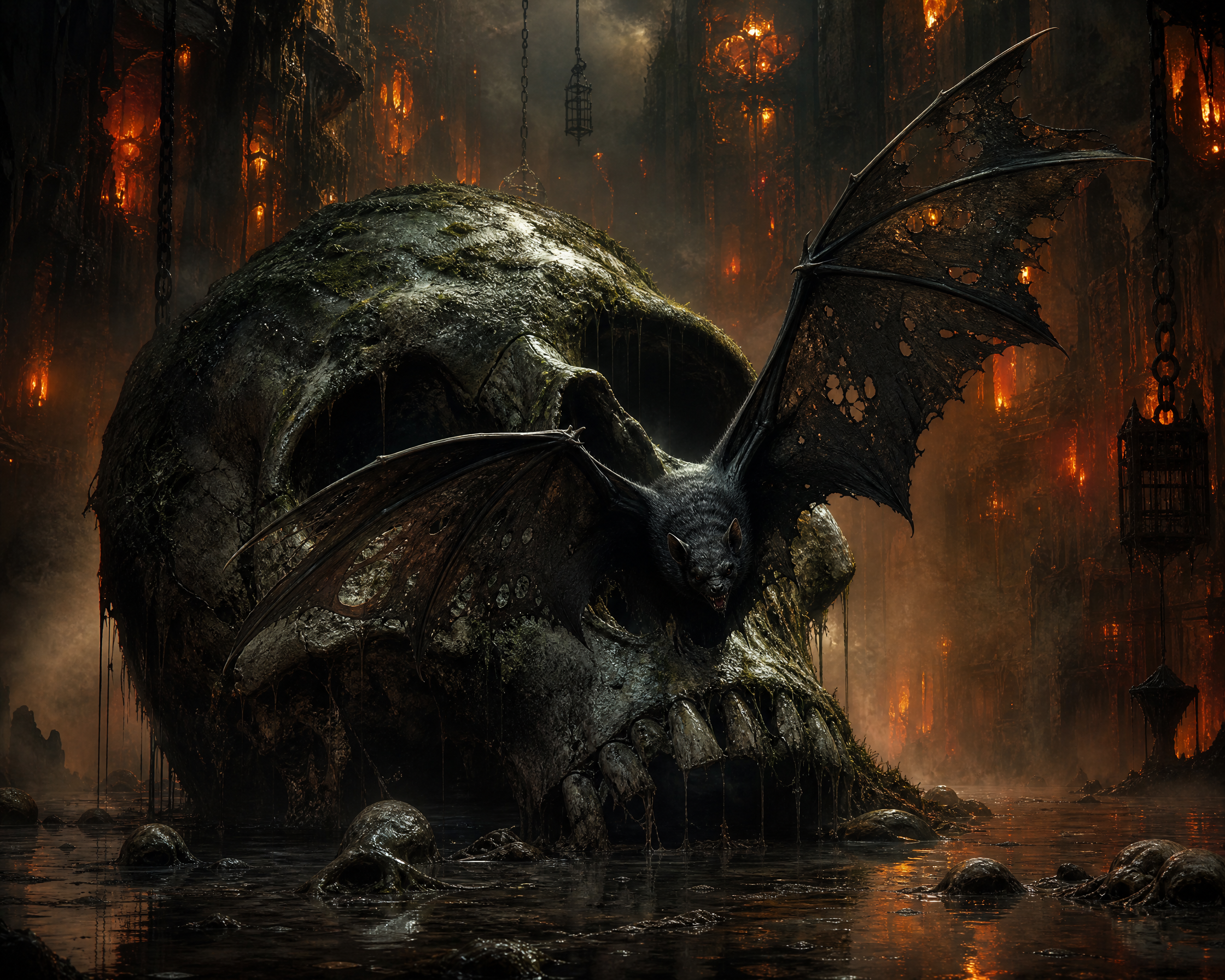 Dark dragon perched on a mossy skull-shaped rock in a fiery underground cavern.
