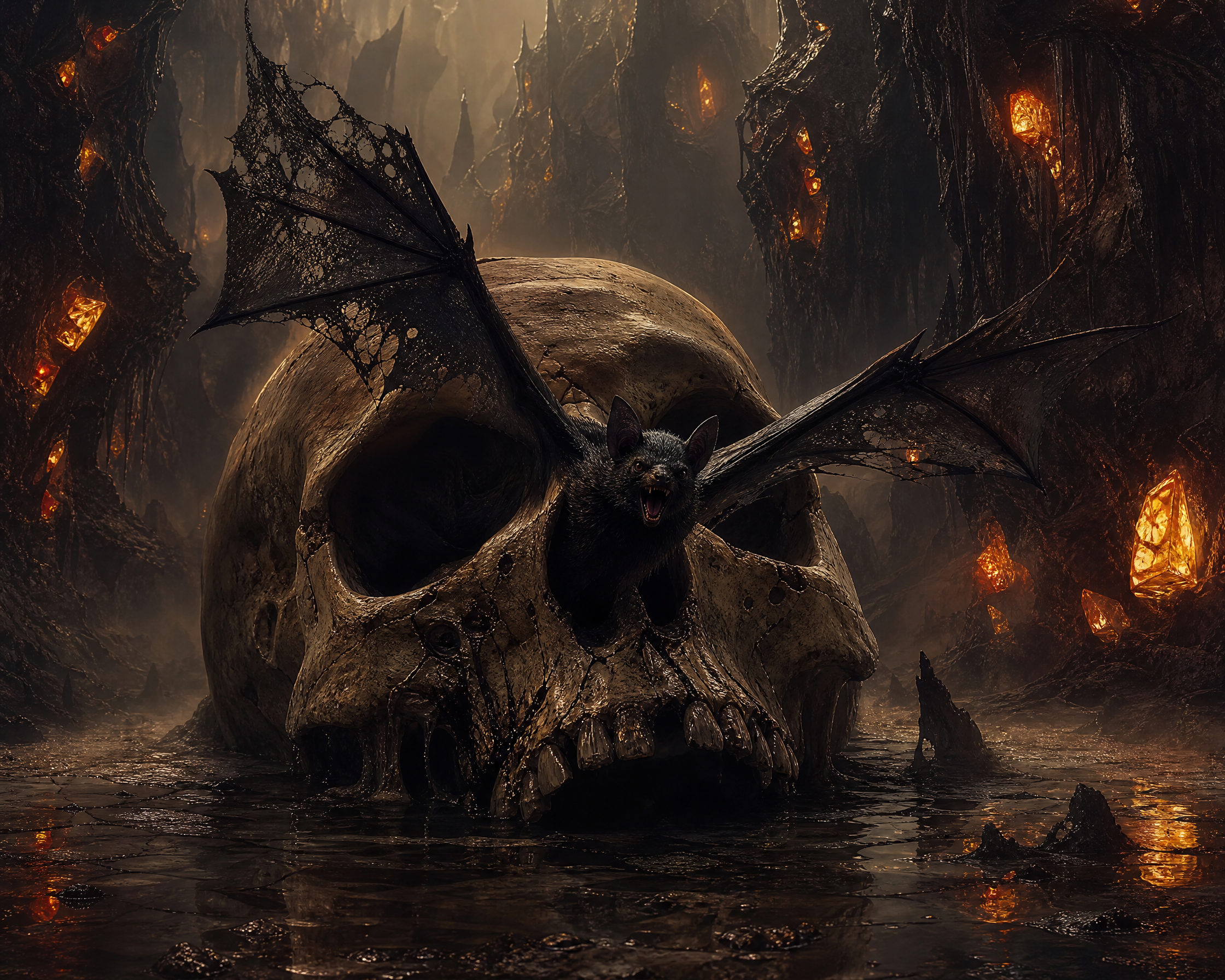 Giant skull in a lava-filled cavern with bat wings and a small bat perched on its brow.