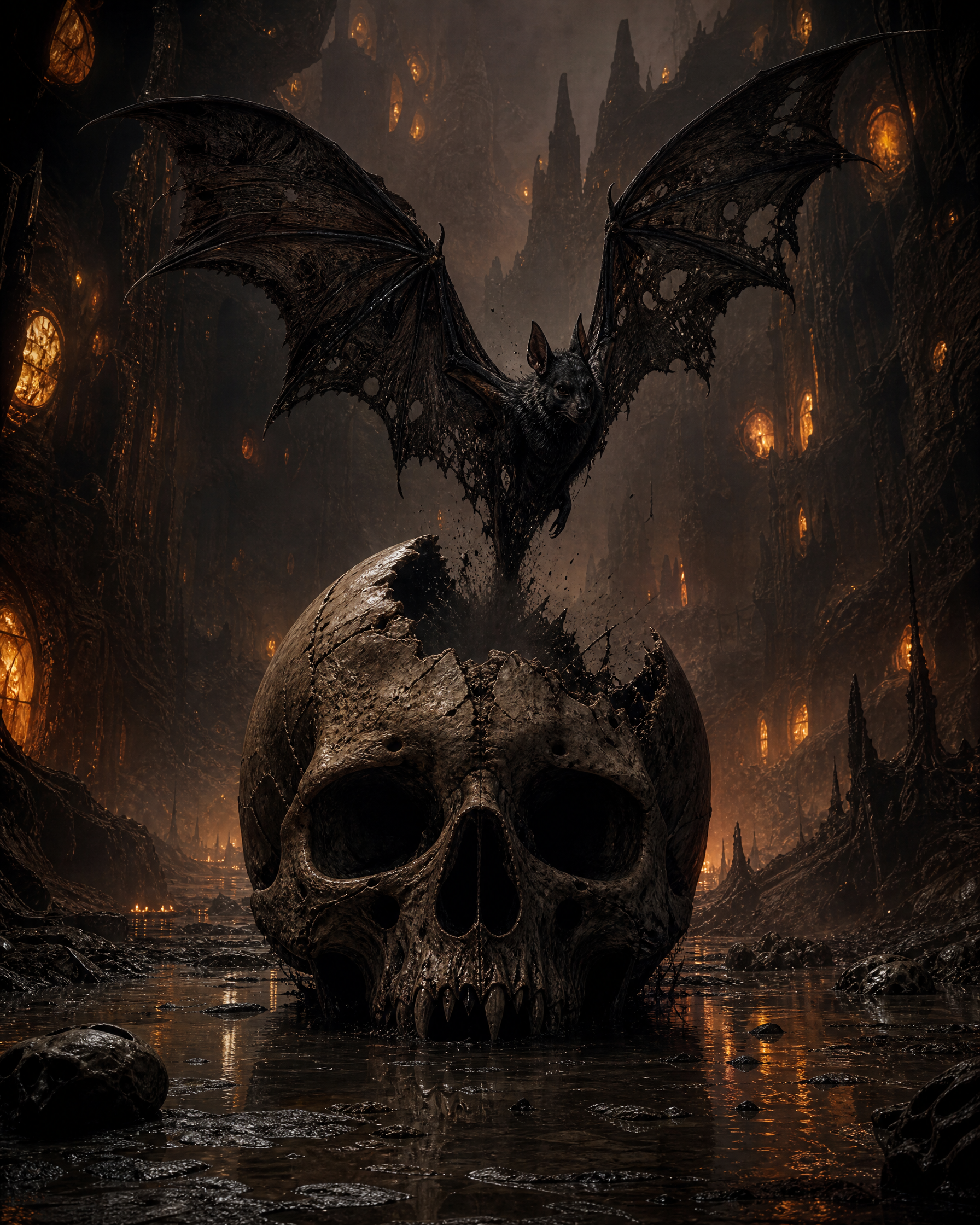 Dark cavern scene with a giant skull in water and a large bat perched on top.