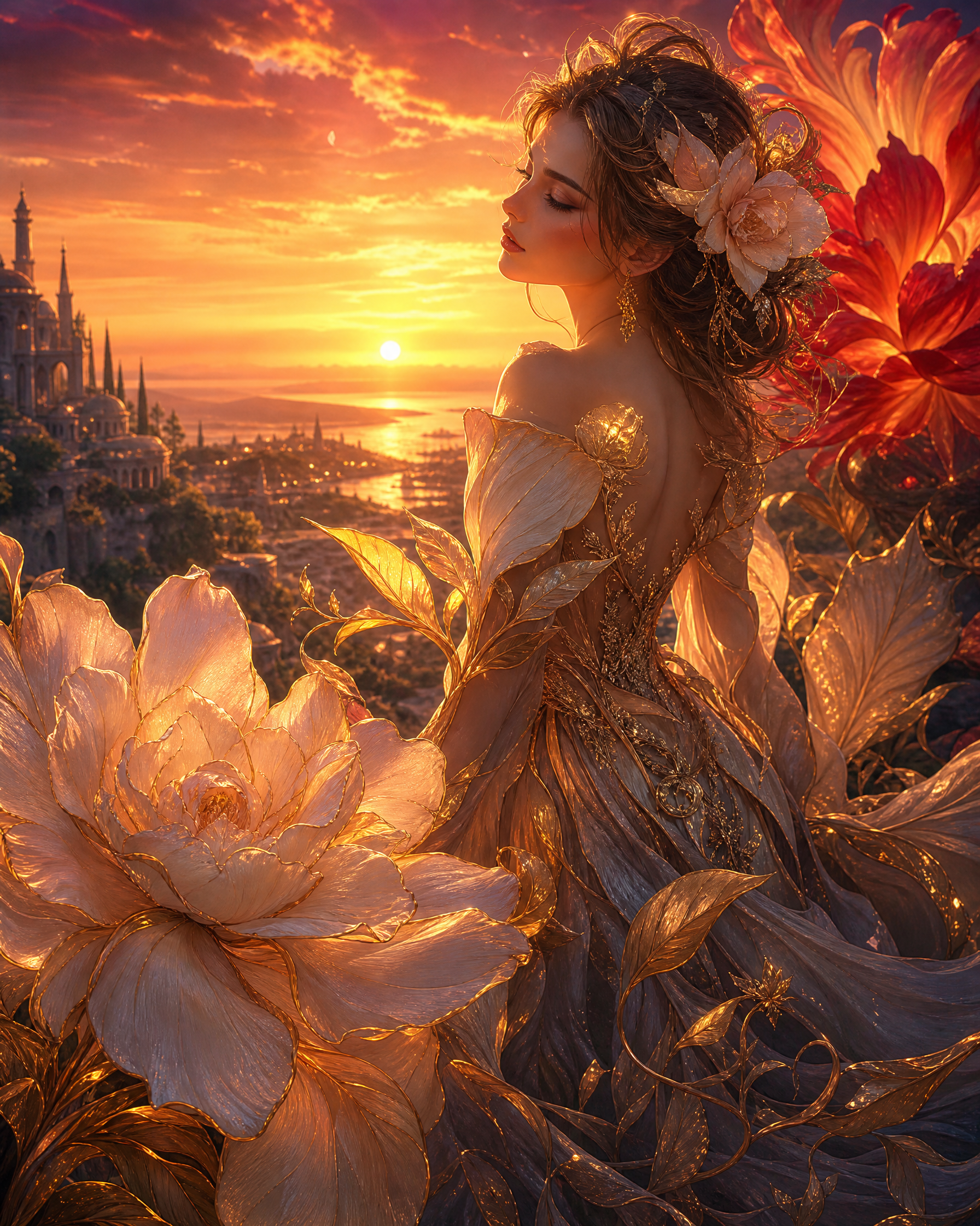 A woman in an ornate gold gown with large floral accents stands against a sunset cityscape with oversized petals and blooms.