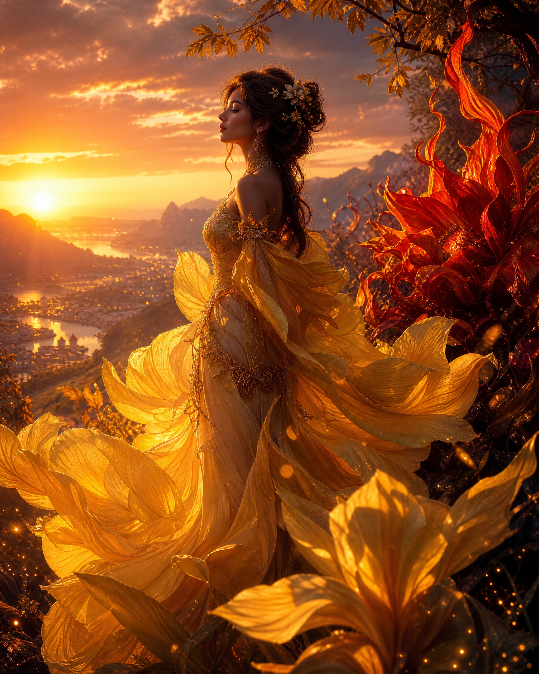 Woman in a luminous golden gown among large yellow petals at sunset.
