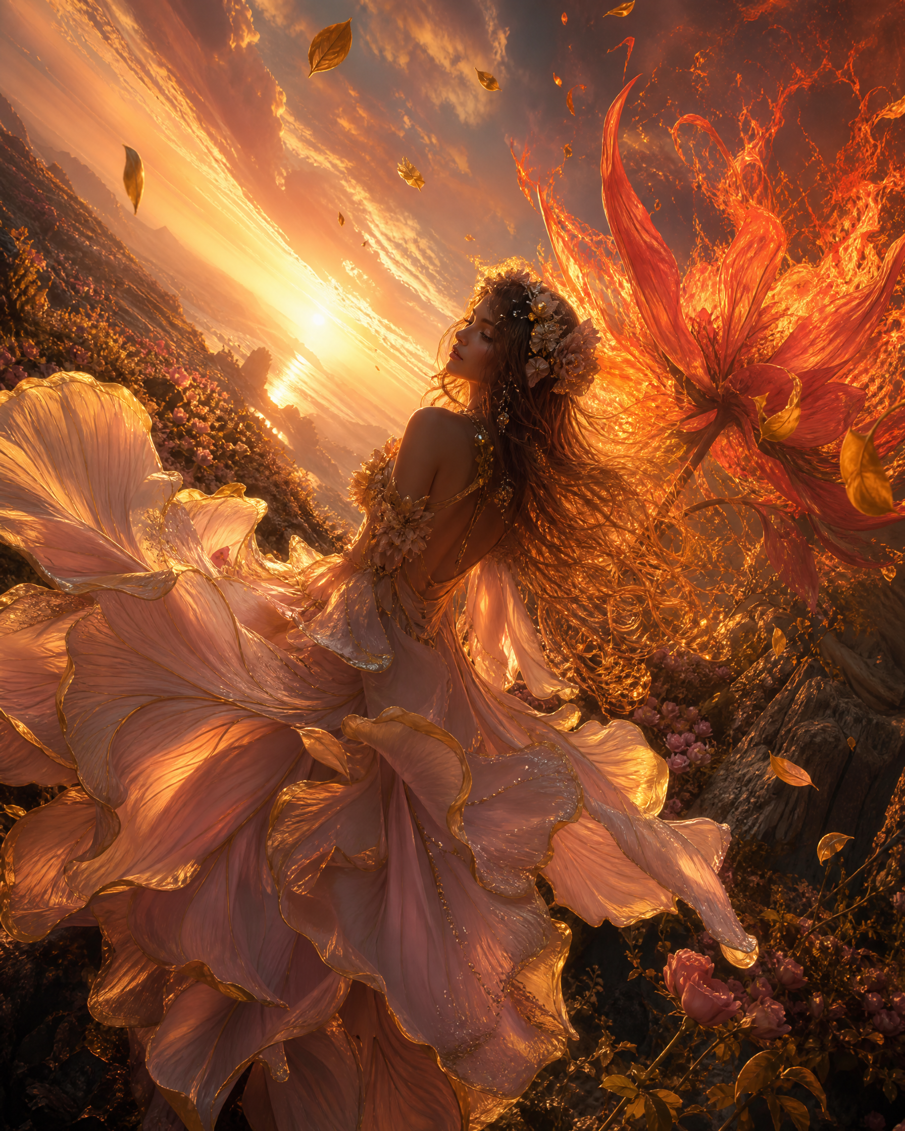 Ethereal woman in a flowing pink floral gown at sunset among oversized blossoms and fiery hues.