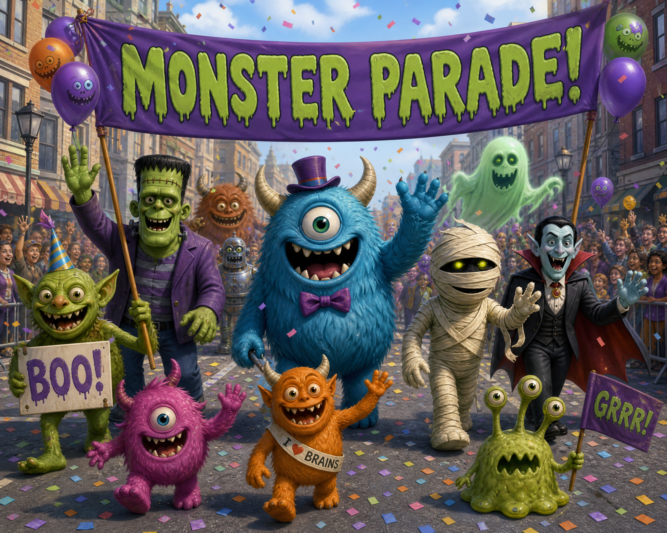 Colorful parade of friendly monsters on a city street with banner "MONSTER PARADE!" and confetti.
