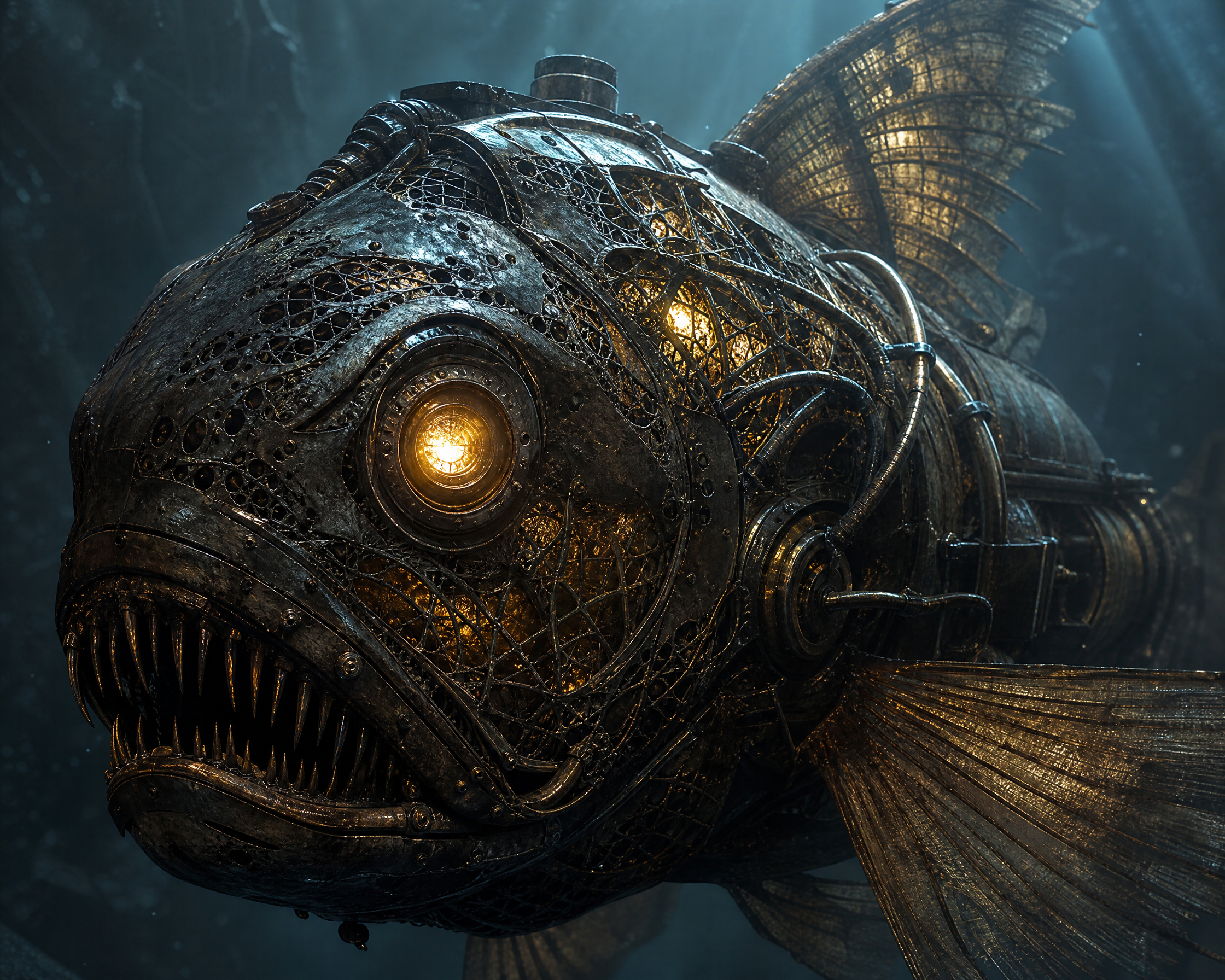 Dark steampunk mechanical fish submarine with glowing eye, rusty metal plates and wires underwater.