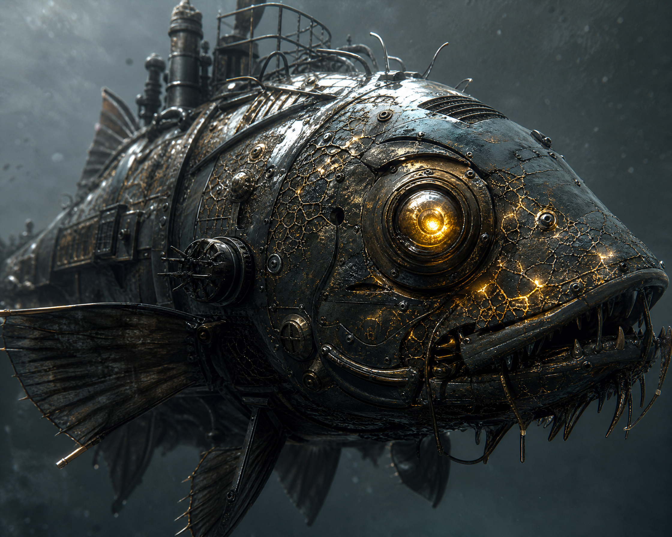 A steampunk mechanical fish submarine with a glowing eye, rusted metal plates, and riveted armor underwater.