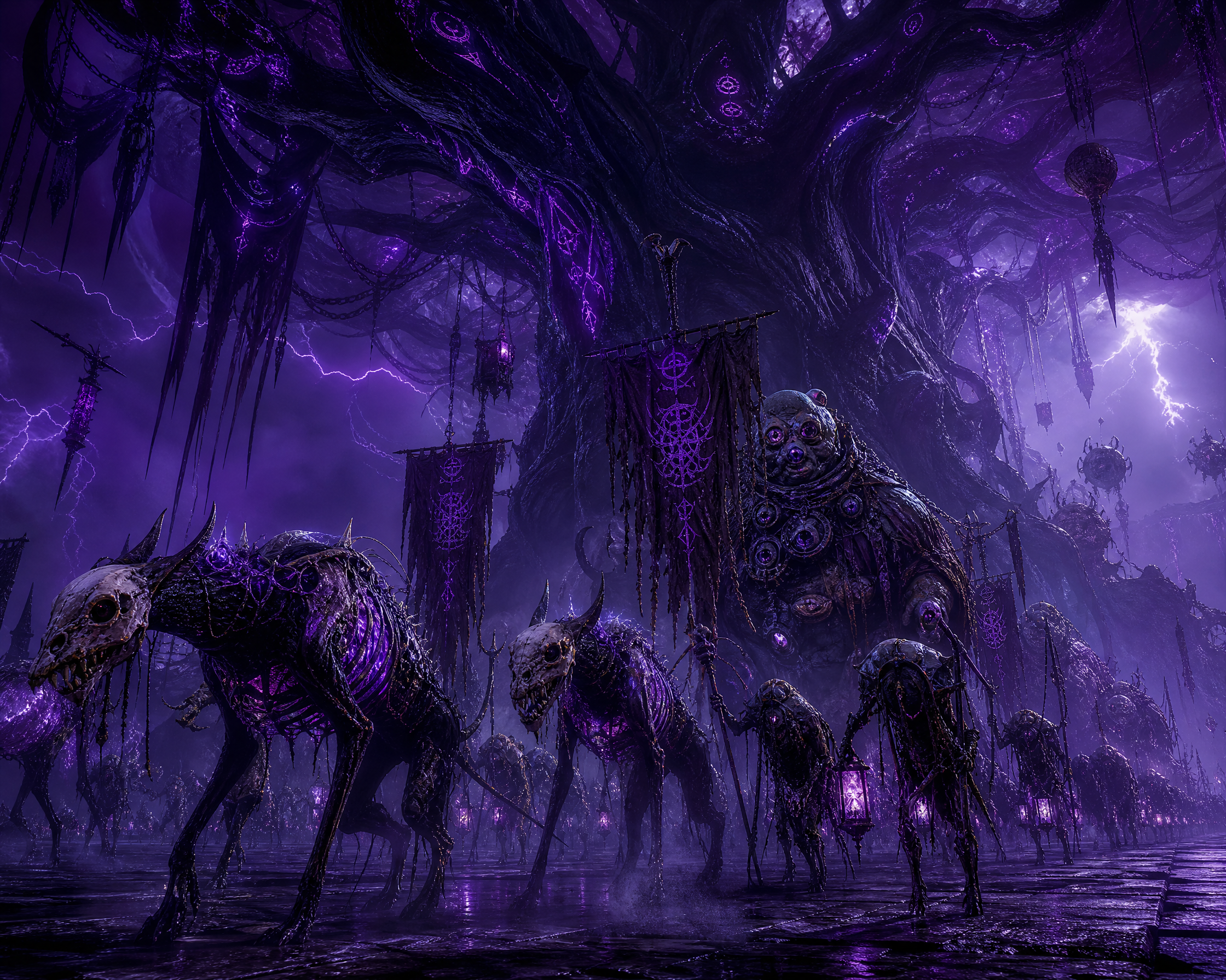Dark purple fantasy battlefield with skeletal horse army and towering eldritch horrors under a stormy sky