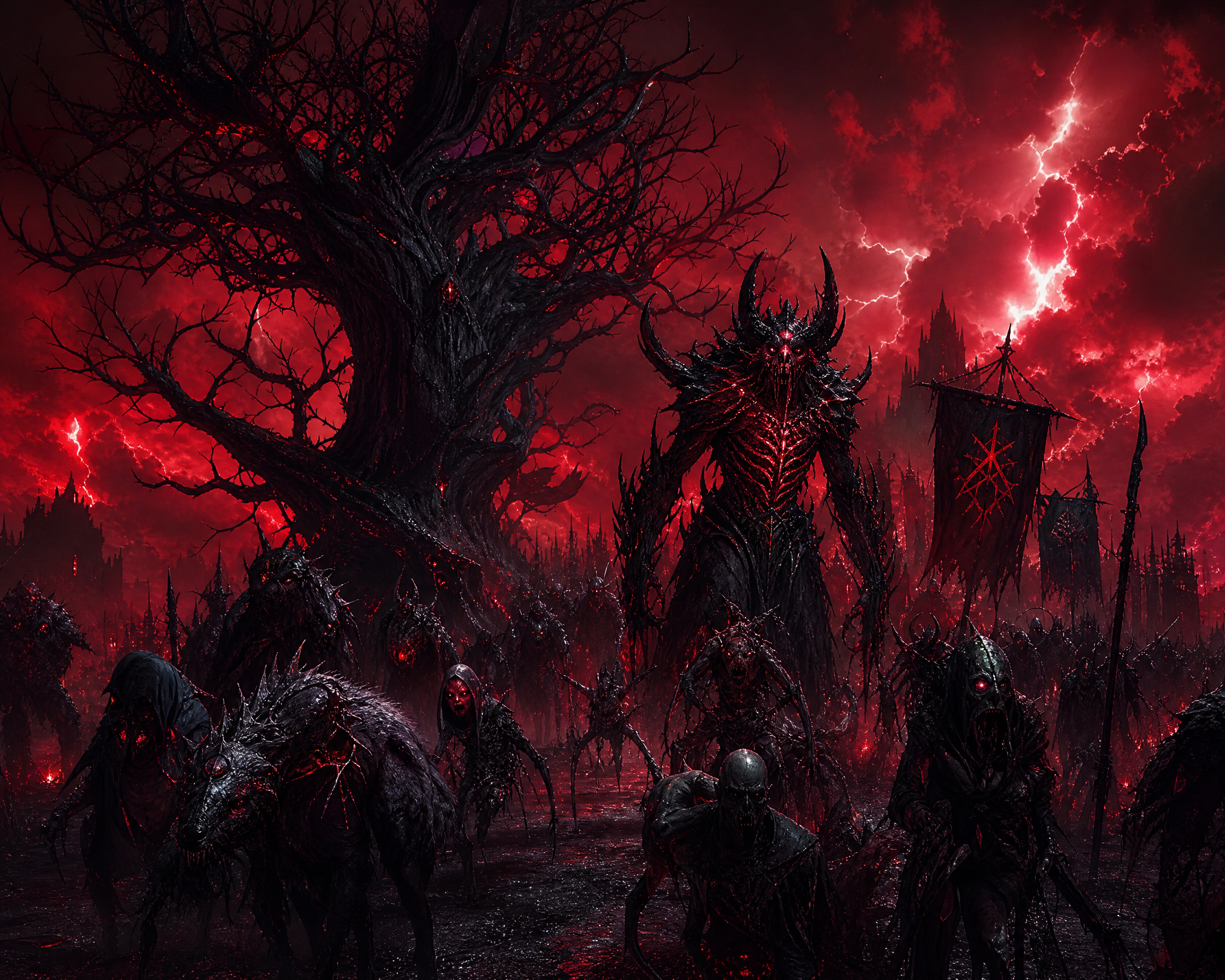 Dark demonic army on a red storm battlefield with a towering armored demon and skeletal figures.