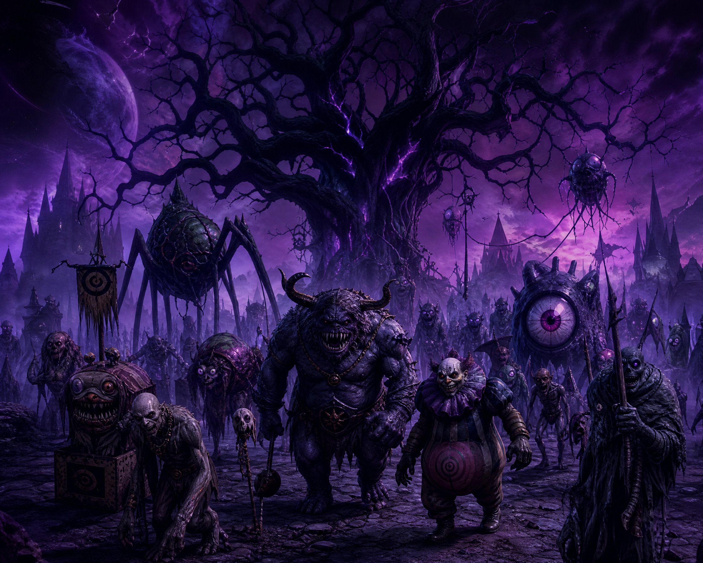 Dark fantasy parade of monstrous creatures in a purple, eerie landscape with a gnarled tree centerpiece.